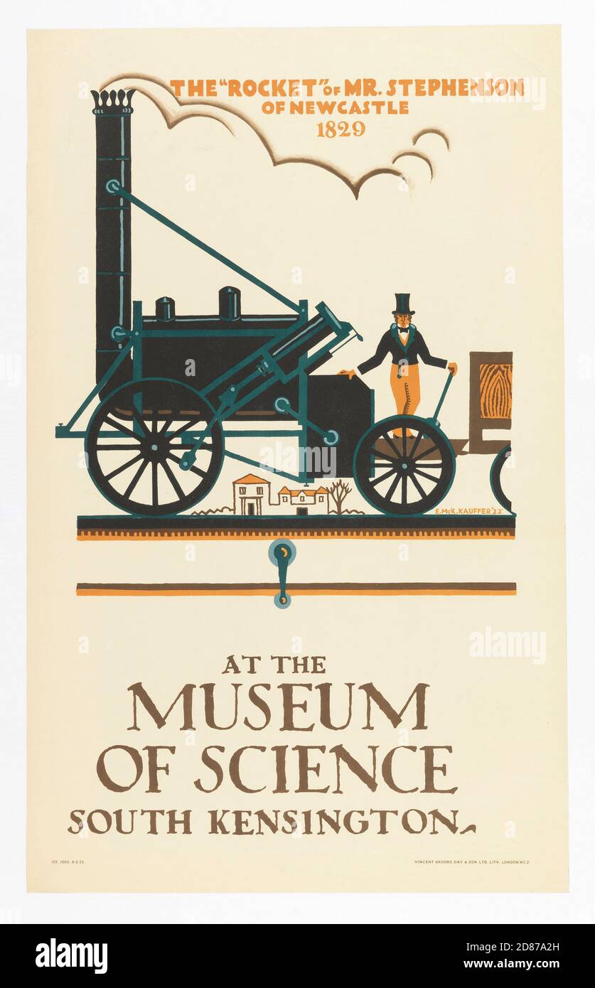 Treno/locomotiva "at the Museum of Science South Kensington", poster del 1829 - poster della mostra del Museo della Scienza con il razzo di Stephenson. Foto Stock