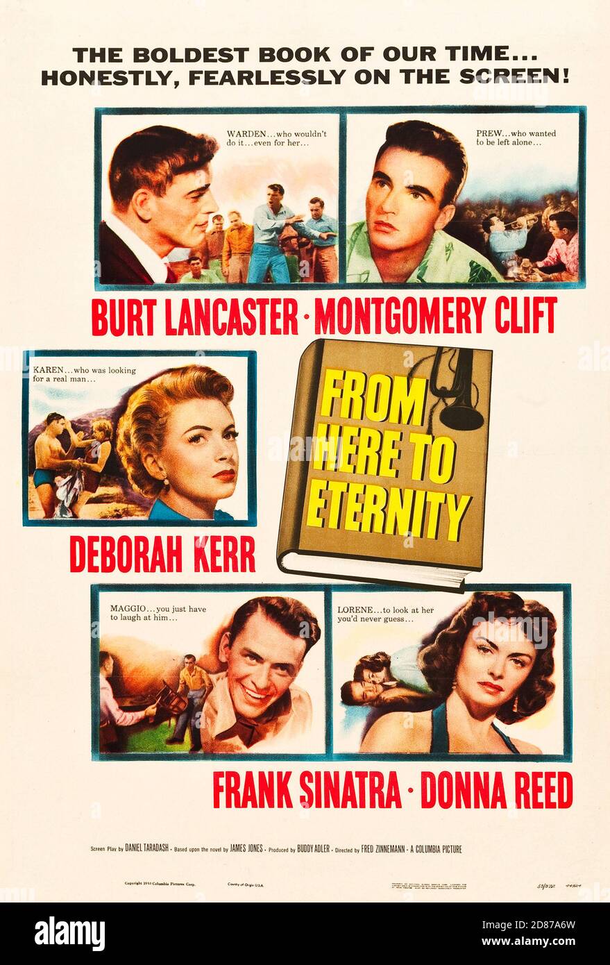 Poster di film d'epoca, da qui a Eternity con Frank Sinatra, Burt Lancaster, Montgomery Clift e Deborah Kerr. 1953. Foto Stock