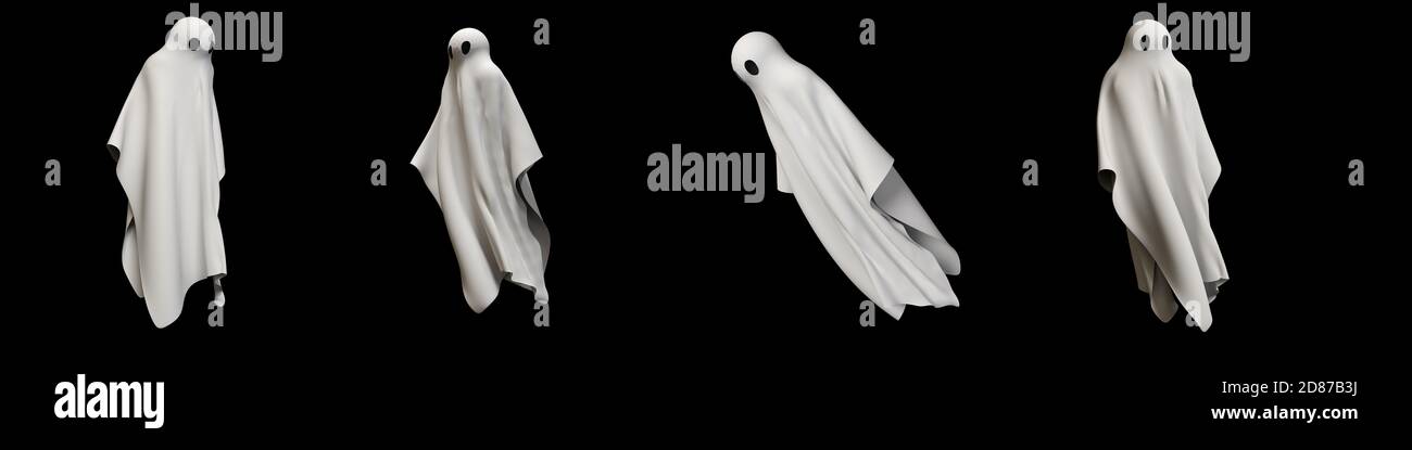 ghost coperto con un foglio su sfondo nero rendering 3D Foto Stock