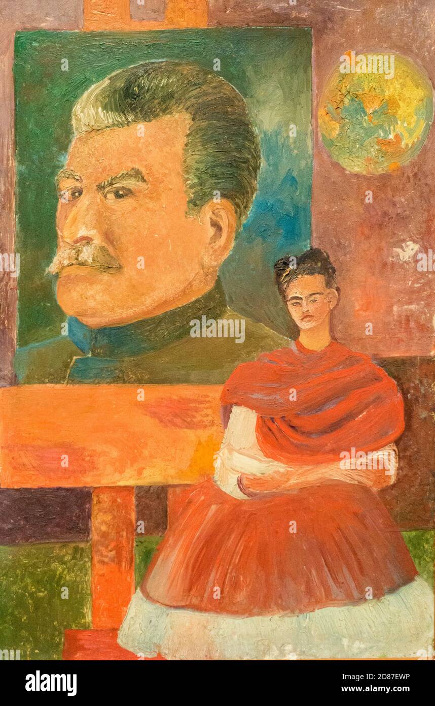 Autoritratto con Stalin (1954) di Frida Kahlo nella Casa Azul (Casa Blu) Coyoacan, Città del Messico, Messico Foto Stock