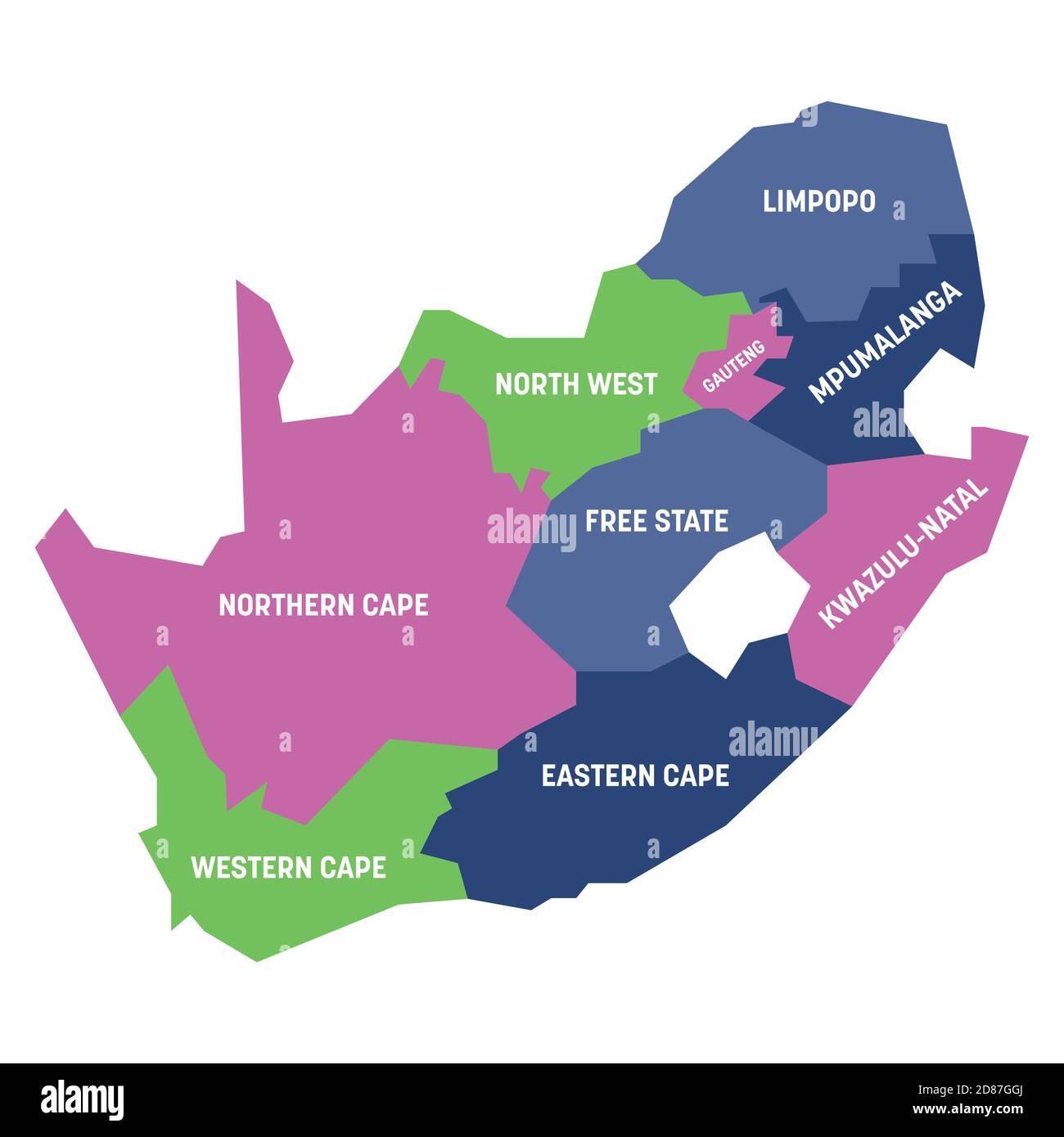 Mappa politica colorata del Sud Africa, RSA. Divisioni amministrative - Province. Semplice mappa vettoriale piatta con etichette. Illustrazione Vettoriale