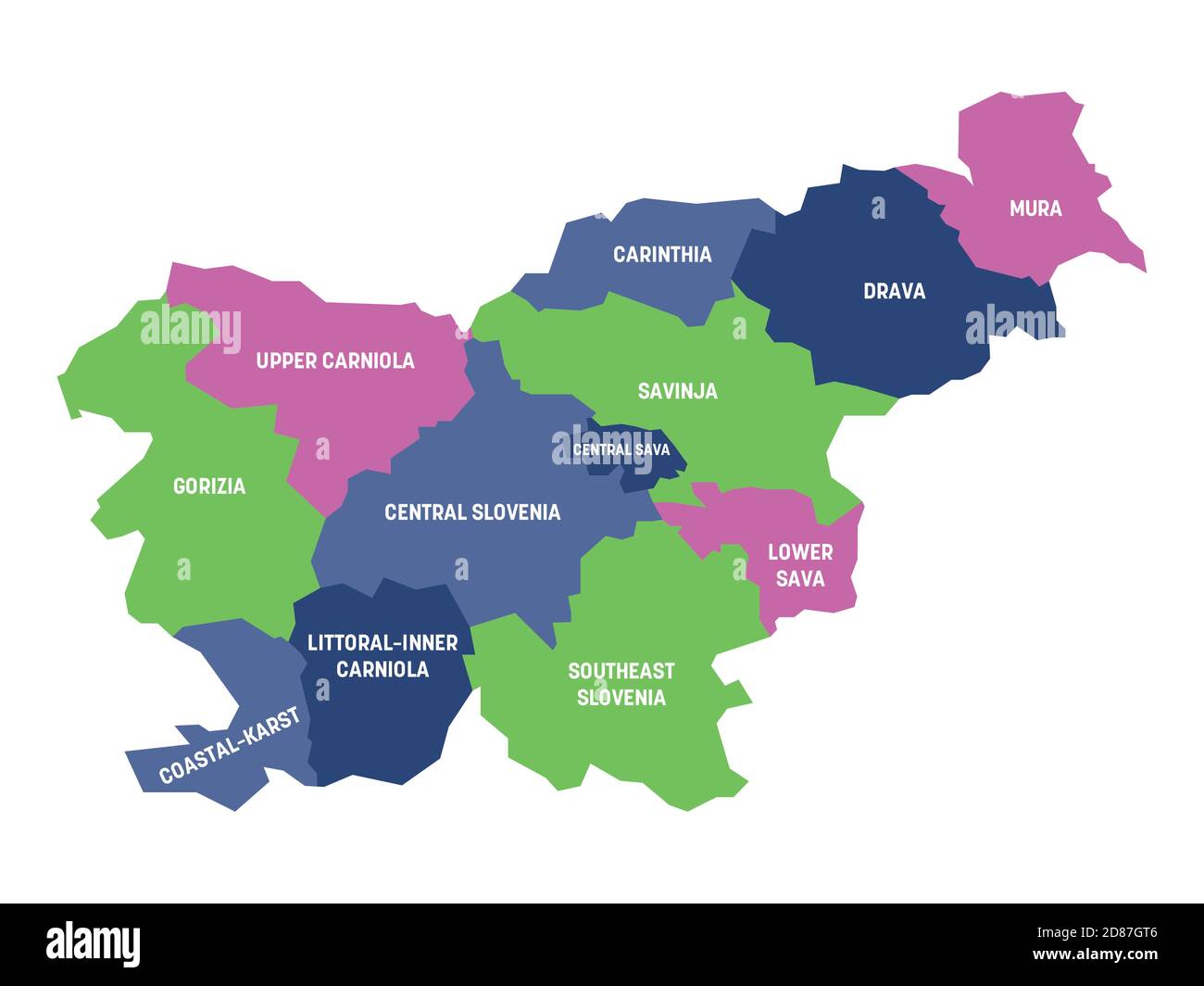 Mappa politica colorata della Slovenia. Divisioni amministrative - regioni statistiche. Semplice mappa vettoriale piatta con etichette. Illustrazione Vettoriale
