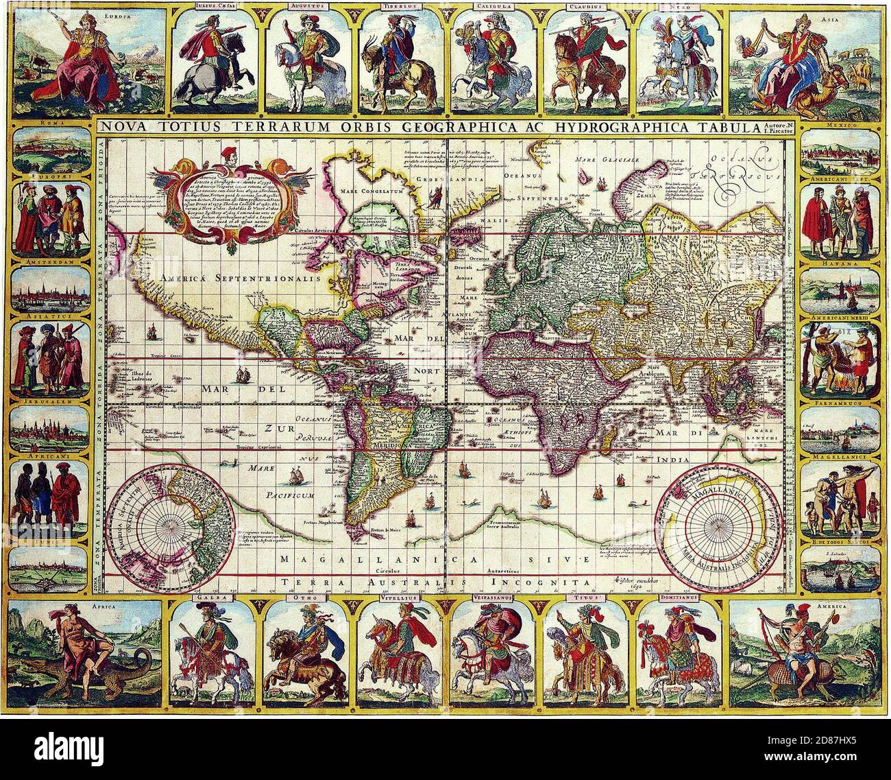 Mappa illustrata del mondo antico, stile vintage pieno di dettagli, pieno di persone importanti, dettagli e informazioni. Foto Stock