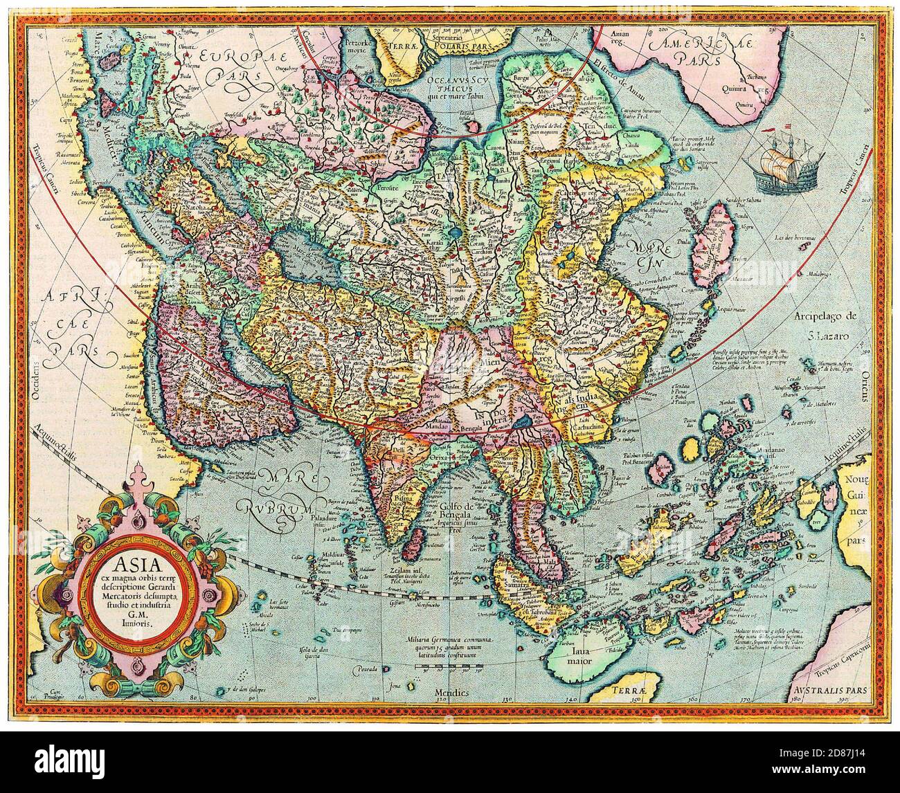 Mappa di Mercatore dell'Asia. Mappa mondiale di Mercatore del 1569, incluse parti dell'Africa e dell'Australia. Foto Stock