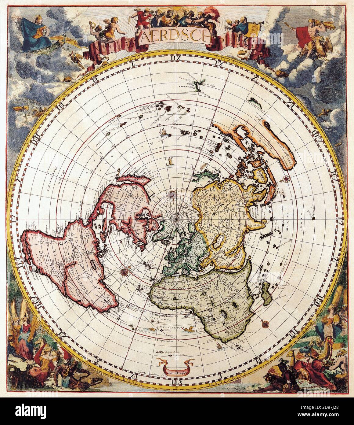 Mappa illustrata del mondo antico, stile vintage pieno di dettagli Foto Stock