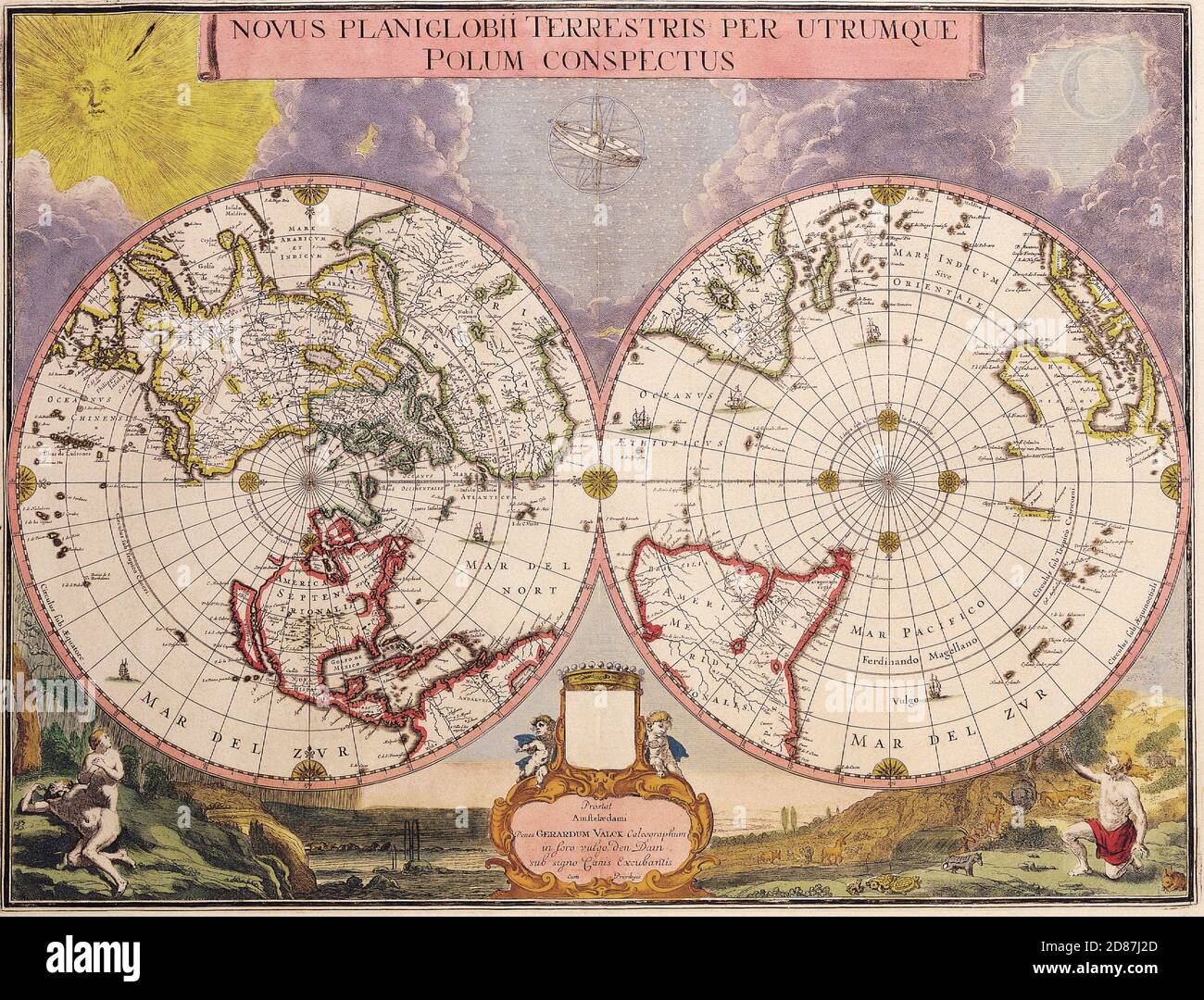 Mappa illustrata del mondo antico, stile vintage pieno di dettagli Foto Stock