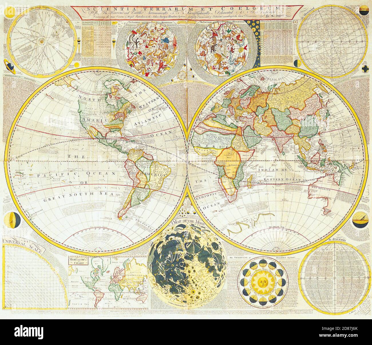 Mappe antiche del mondo doppio emisfero Mappa del mondo Samuel Dunn c 1780 Foto Stock