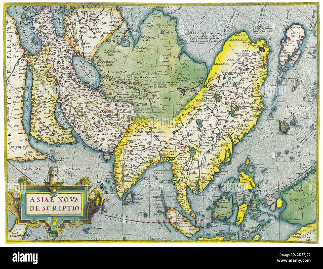 Antiche carte del mondo. Mappa dell'Asia. Abramo Ortelio. c 1570. Foto Stock