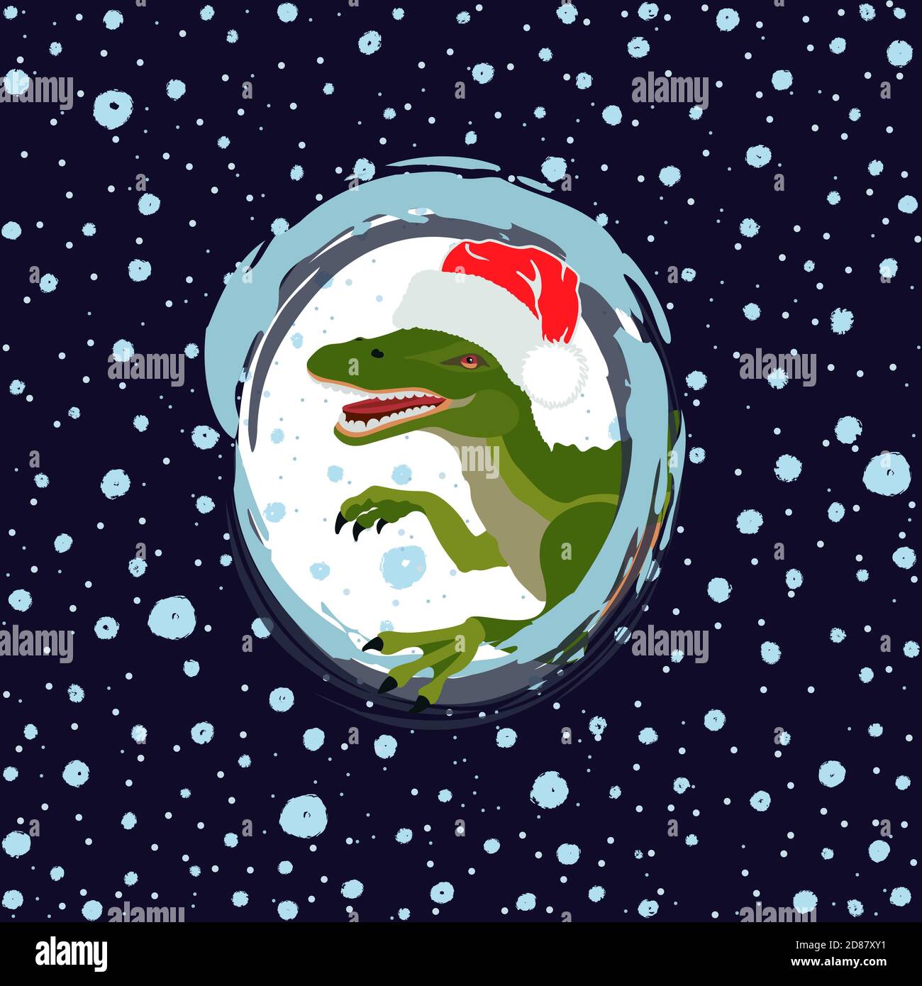 Cartoni animati vettoriali illustrazione dello spinosauro nel cappello di Babbo Natale, testa in una cornice ovale. Illustrazione vettoriale nuovo anno Illustrazione Vettoriale