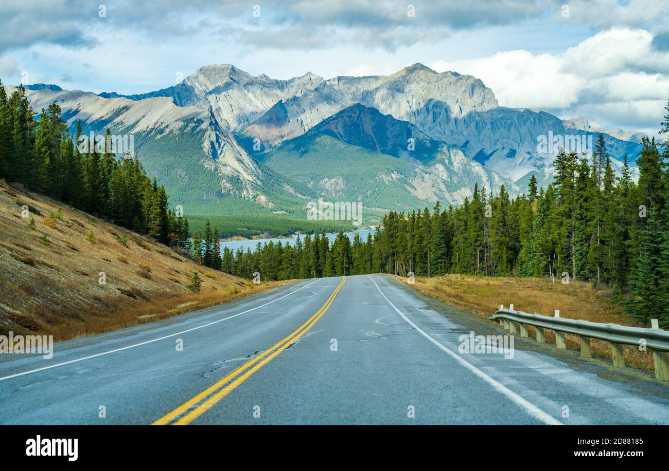 Strada rurale nella foresta con le montagne sullo sfondo. Alberta Highway 11 (David Thompson Hwy) lungo la riva del lago Abraham. Jasper National Park Foto Stock