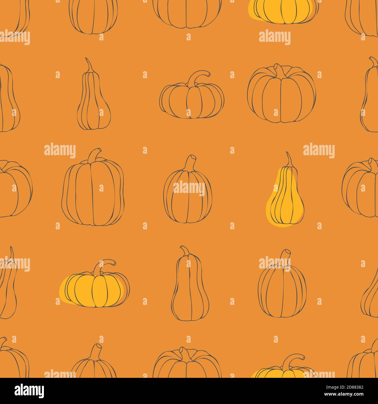 Modello senza giunture vettore di zucca. Zucche arancioni di varie dimensioni. Illustrazione Vettoriale