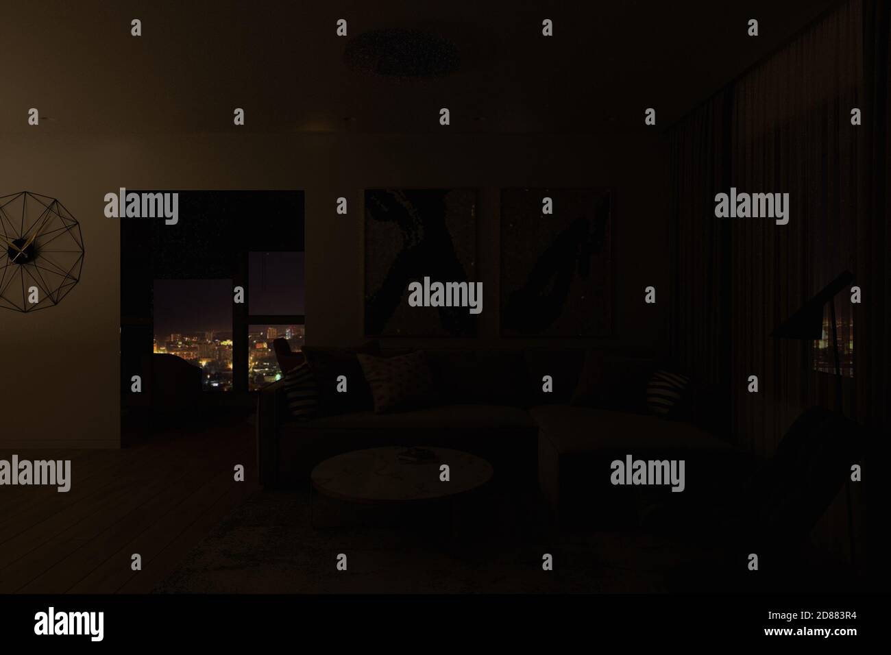 illustrazione in 3d del moderno design del salotto. Una serie di visualizzazioni il design degli interni del soggiorno nello stile del minimalismo, della notte Foto Stock
