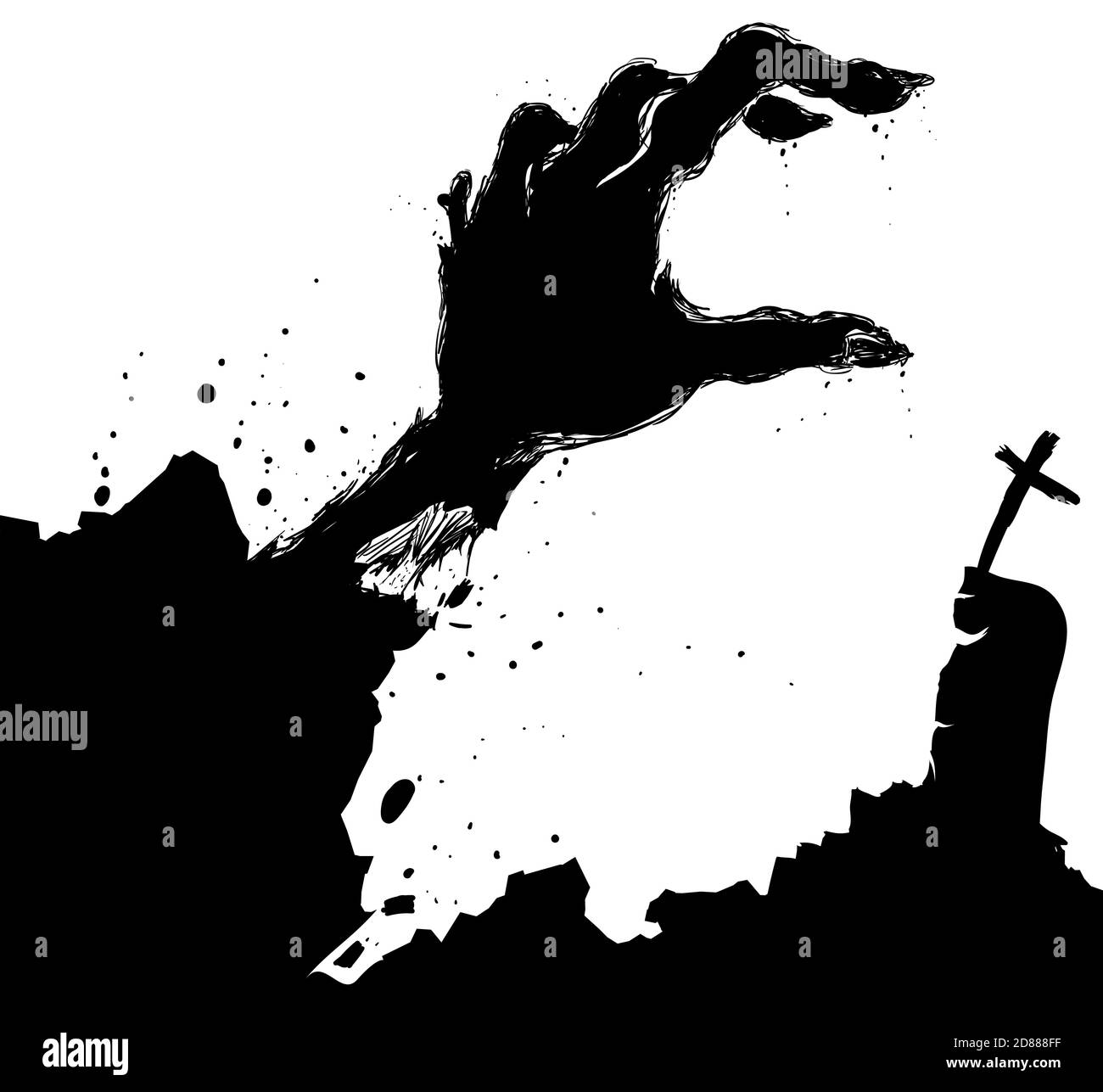 Scena da cimitero con silhouette a mano zombie che esce dalla sua tomba. Illustrazione Vettoriale