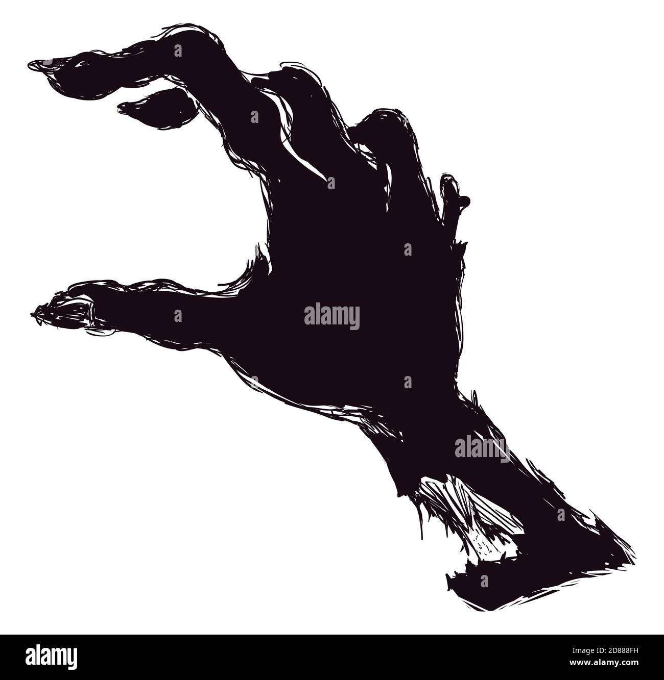 Silhouette scura di mano zombie marcio cercando di catturare una preda in stile disegnato a mano, su sfondo bianco. Illustrazione Vettoriale