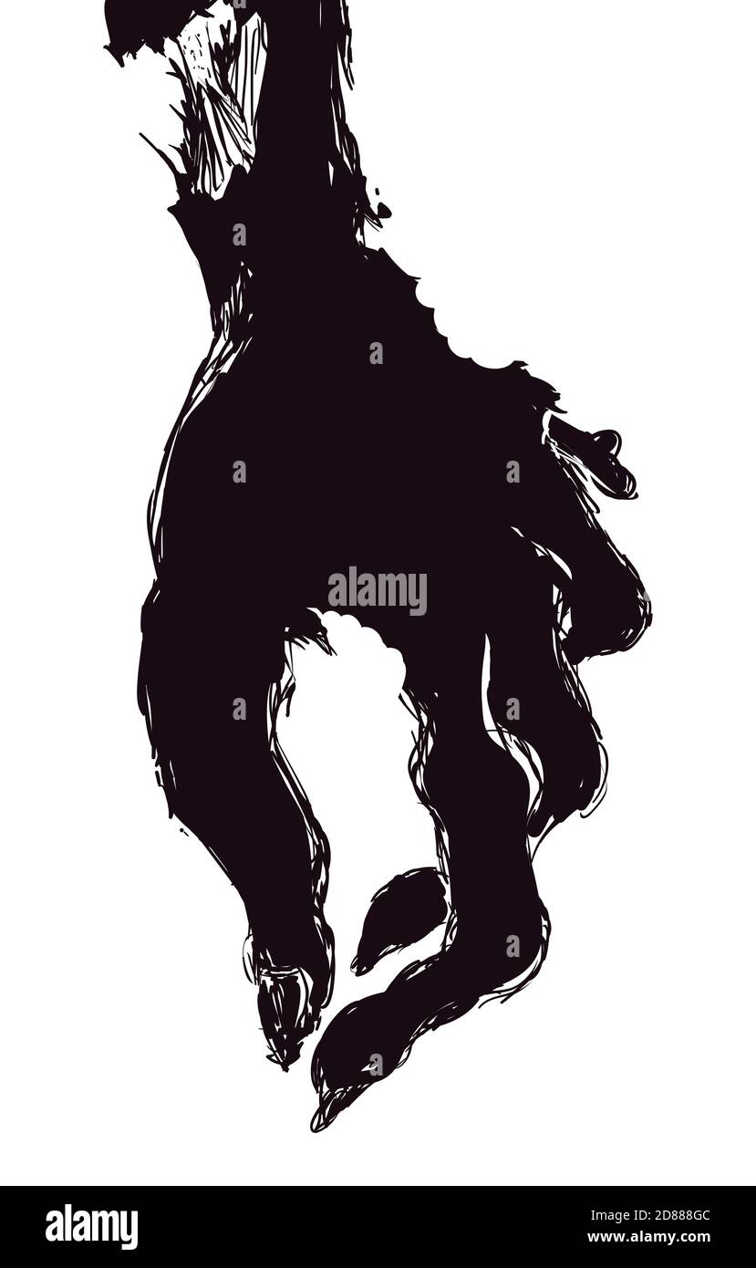 Silhouette a mano zombie marcio con stile disegnato a mano che si tiene dall'alto, su sfondo bianco. Illustrazione Vettoriale