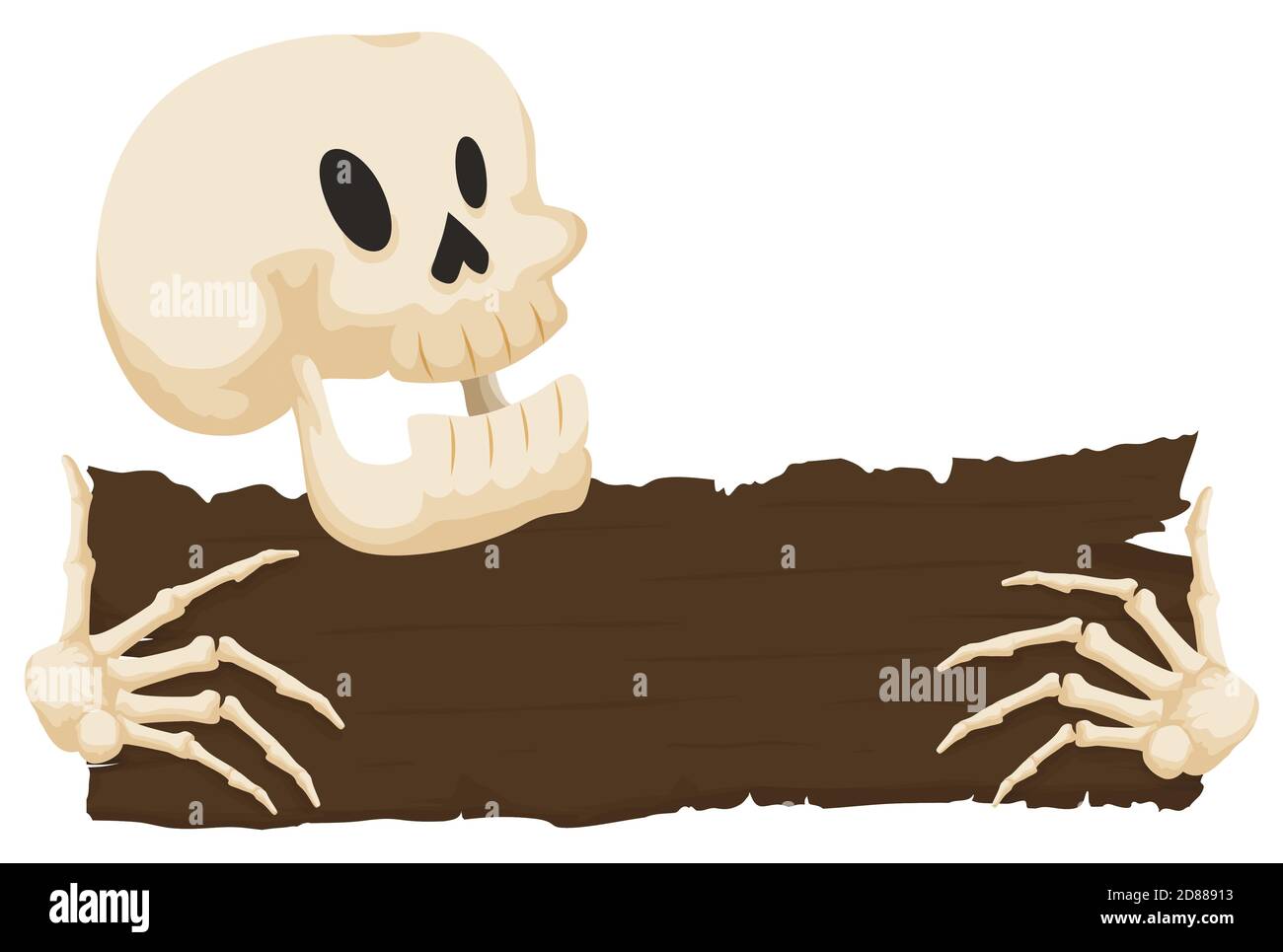 Modello di Halloween con scheletro felice che tiene un segno di legno con le sue mani ossee, su sfondo bianco. Illustrazione Vettoriale
