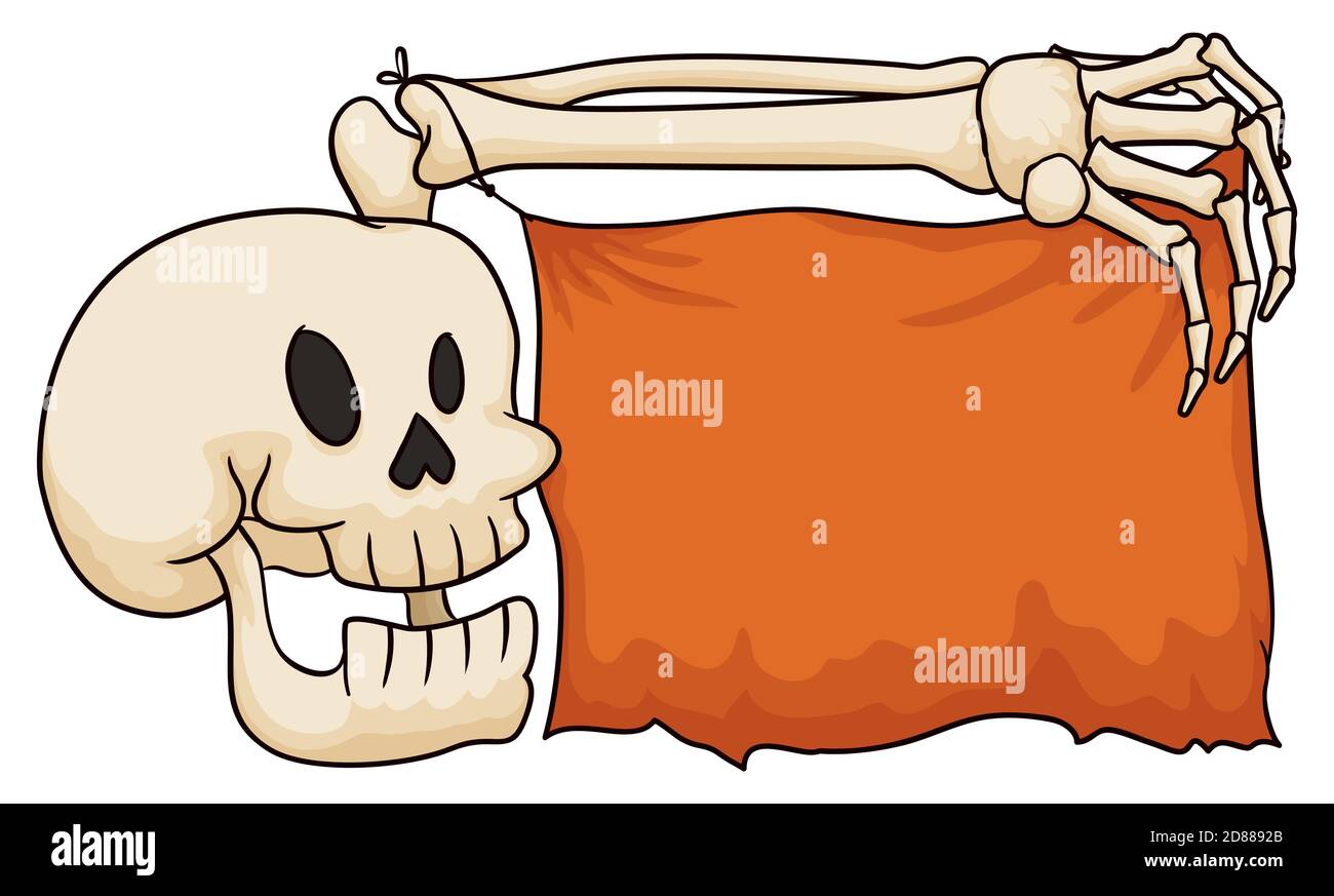 Scheletro felice che tiene un tessuto strappato arancione con spazio vuoto con il suo braccio osseo, isolato su sfondo bianco. Illustrazione Vettoriale