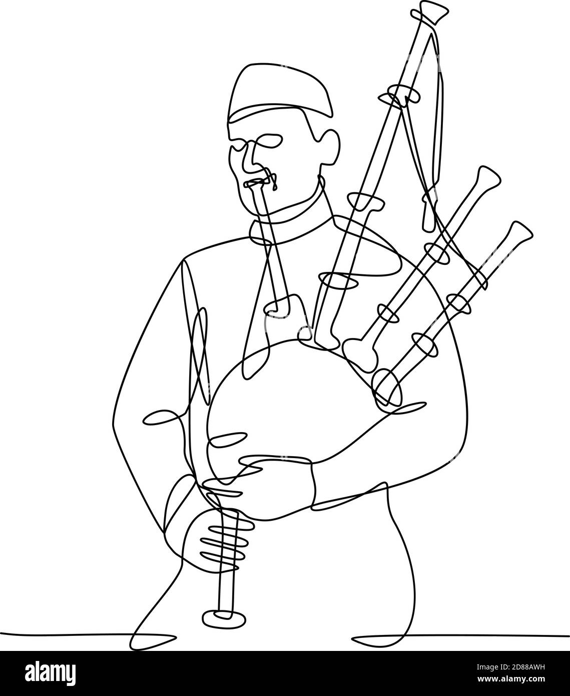 Disegno a linea continua illustrazione di un bagpiper scozzese che gioca a bagpipe, uno strumento woodwind che utilizza canne racchiuse alimentate da un serbatoio costante Illustrazione Vettoriale