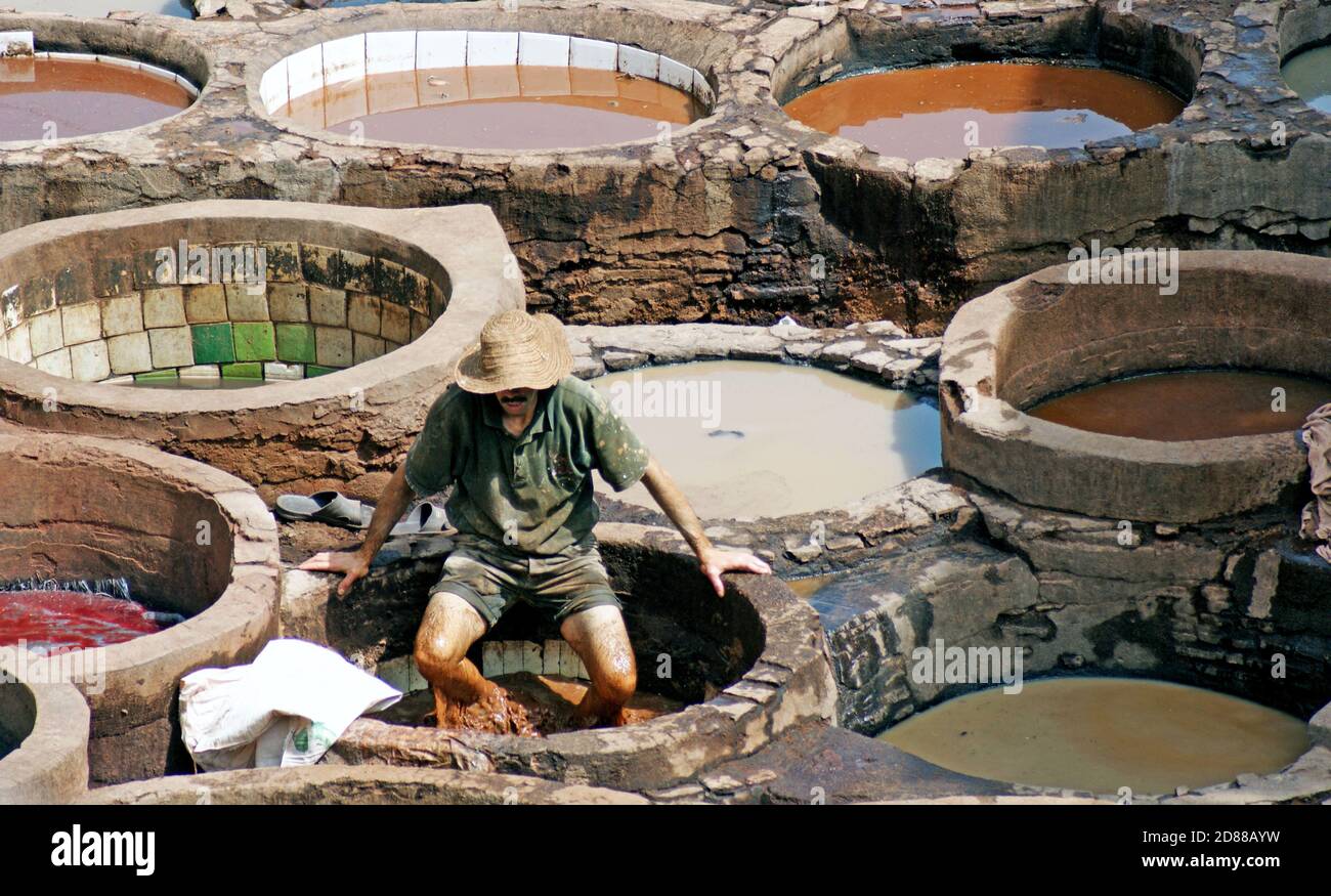 Un lavoratore usa i suoi piedi per tingere le pelli in antichi tini di pietra all'aperto come parte del processo di abbronzatura della pelle nella conceria Chouara a Fez, Marocco. Foto Stock
