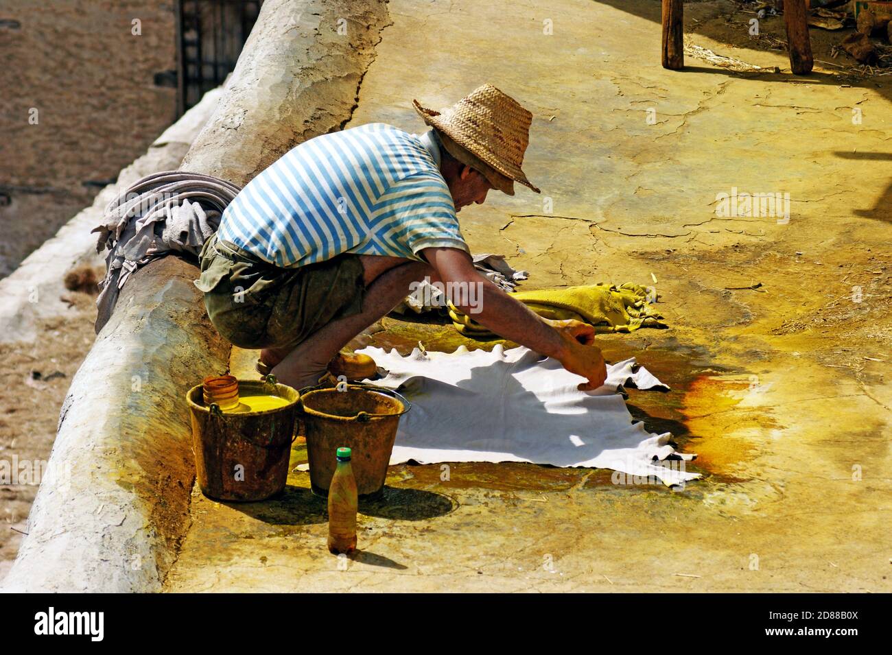 Un vecchio uomo marocchino tintura a mano la borra di un colore giallo brillante come parte del processo di produzione della pelle presso la conceria Chouara a Fez, Marocco. Foto Stock