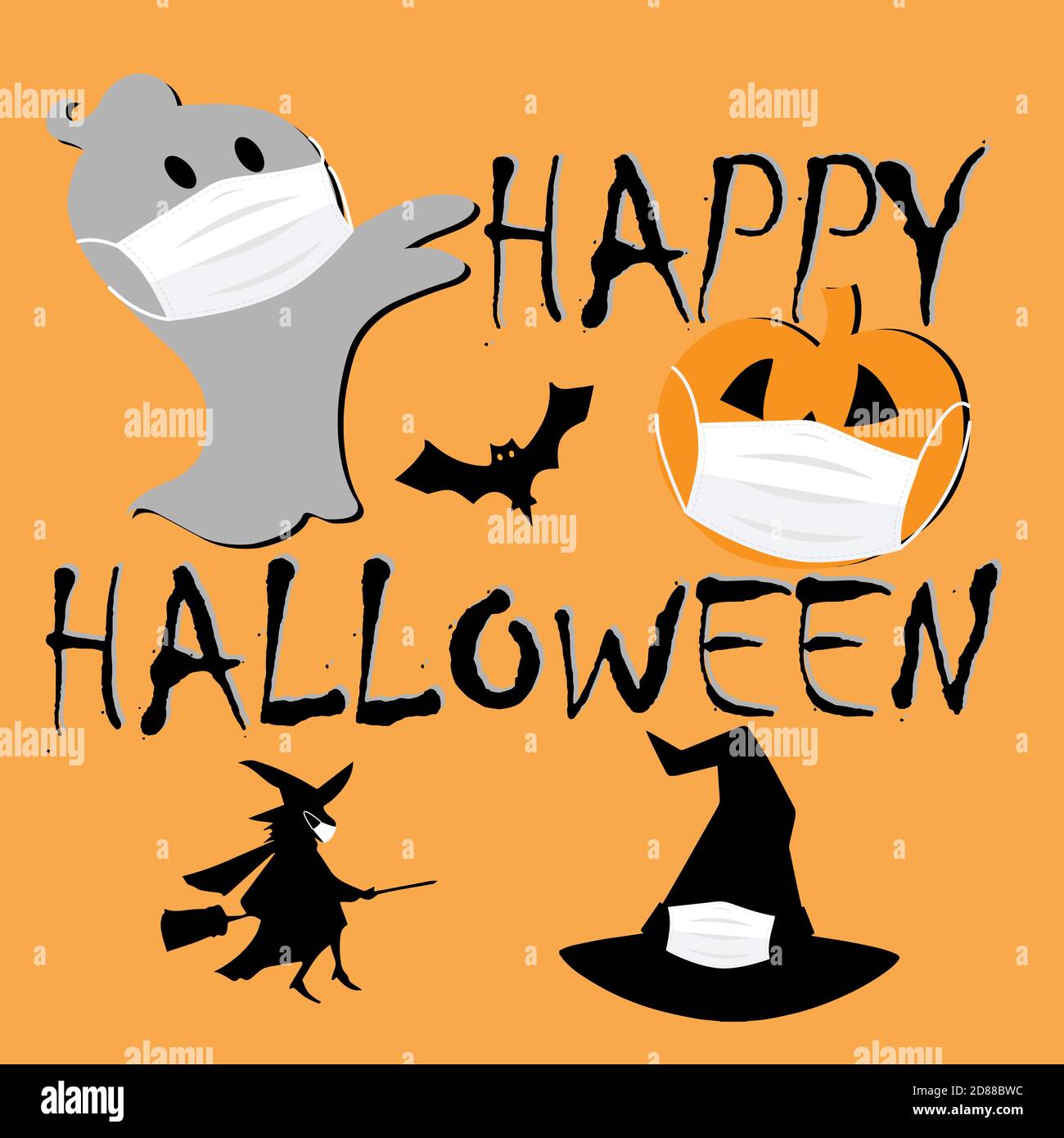Happy halloween vettore con fantasma, zucca, cappello e strega volante indossando una maschera protettiva viso Illustrazione Vettoriale