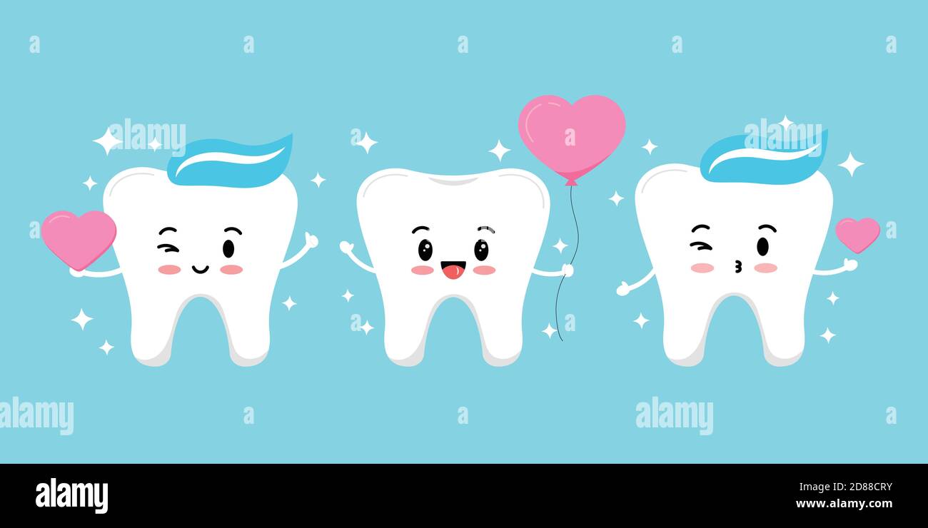 Denti con cuore e scintille vettore amore dentistico set di icone. Illustrazione Vettoriale