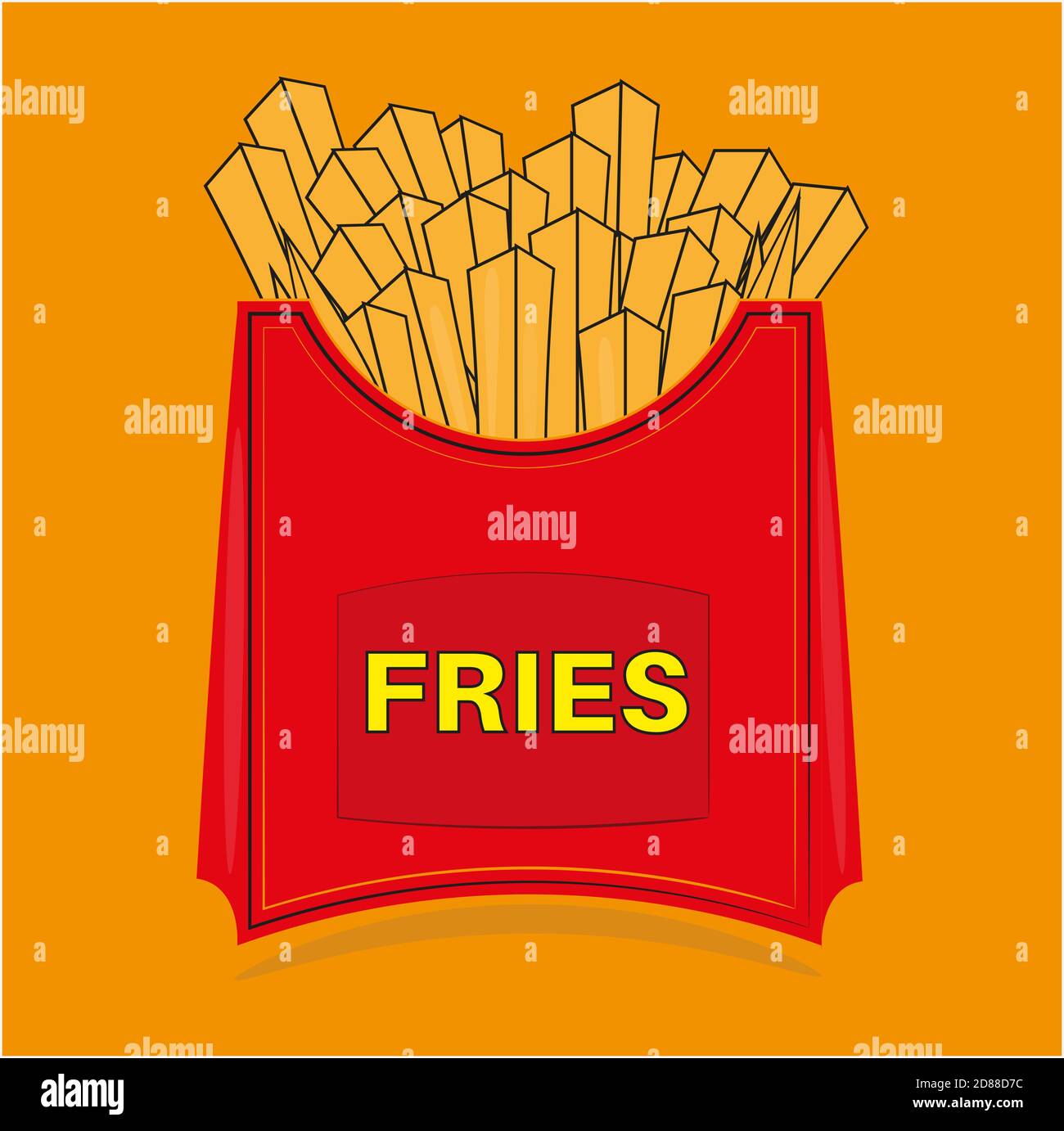 Illustrazione vettoriale di French Fries in una confezione di cartone da togliere rossa, isolata su sfondo giallo Illustrazione Vettoriale