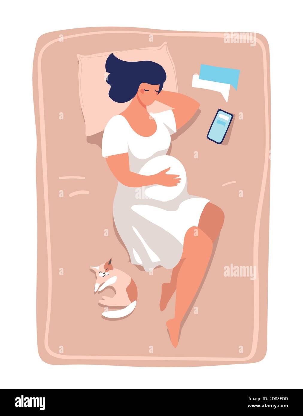 Una giovane donna incinta si trova e dorme sul letto. Illustrazione della gravidanza e del parto, della salute e del relax. Immagine vettoriale piatta isolata su sfondo bianco Illustrazione Vettoriale