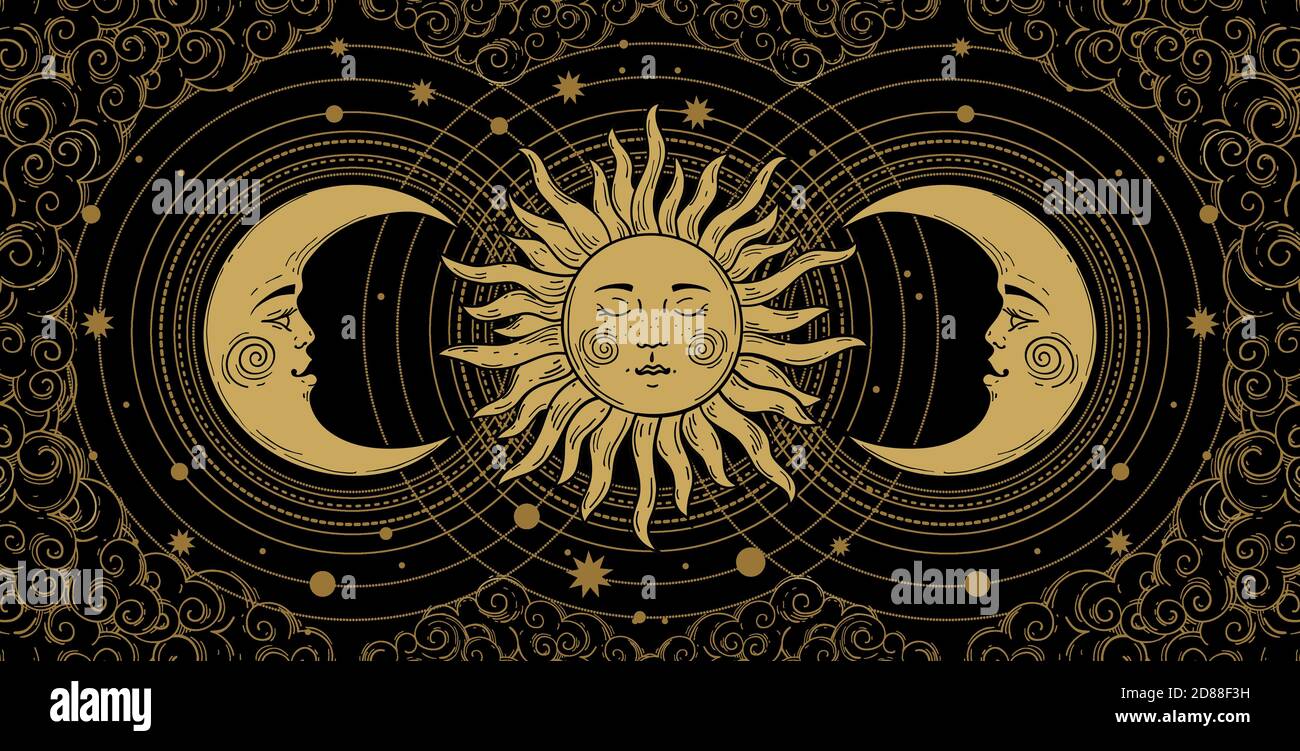 Banner mistico per astrologia, tarocchi, boho design. Universo arte, mezzaluna dorata e sole su uno sfondo nero con nuvole. Illustrazione vettoriale esoterica, incisione Illustrazione Vettoriale