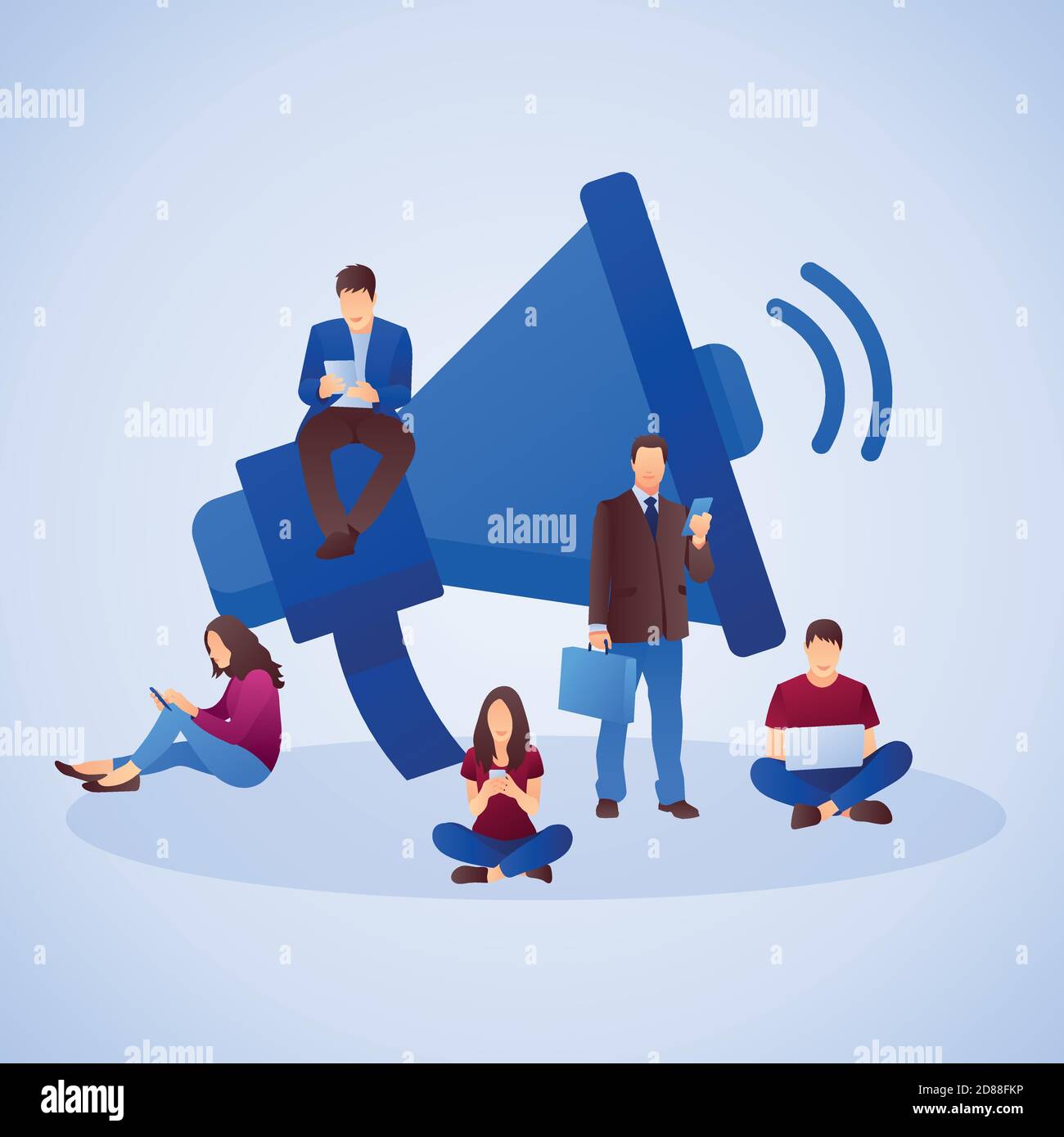 Relazioni pubbliche e background di marketing con simboli e persone. Concetto di marketing sui social media. Design piatto con gradiente. Vettore moderno. Illustrazione Vettoriale