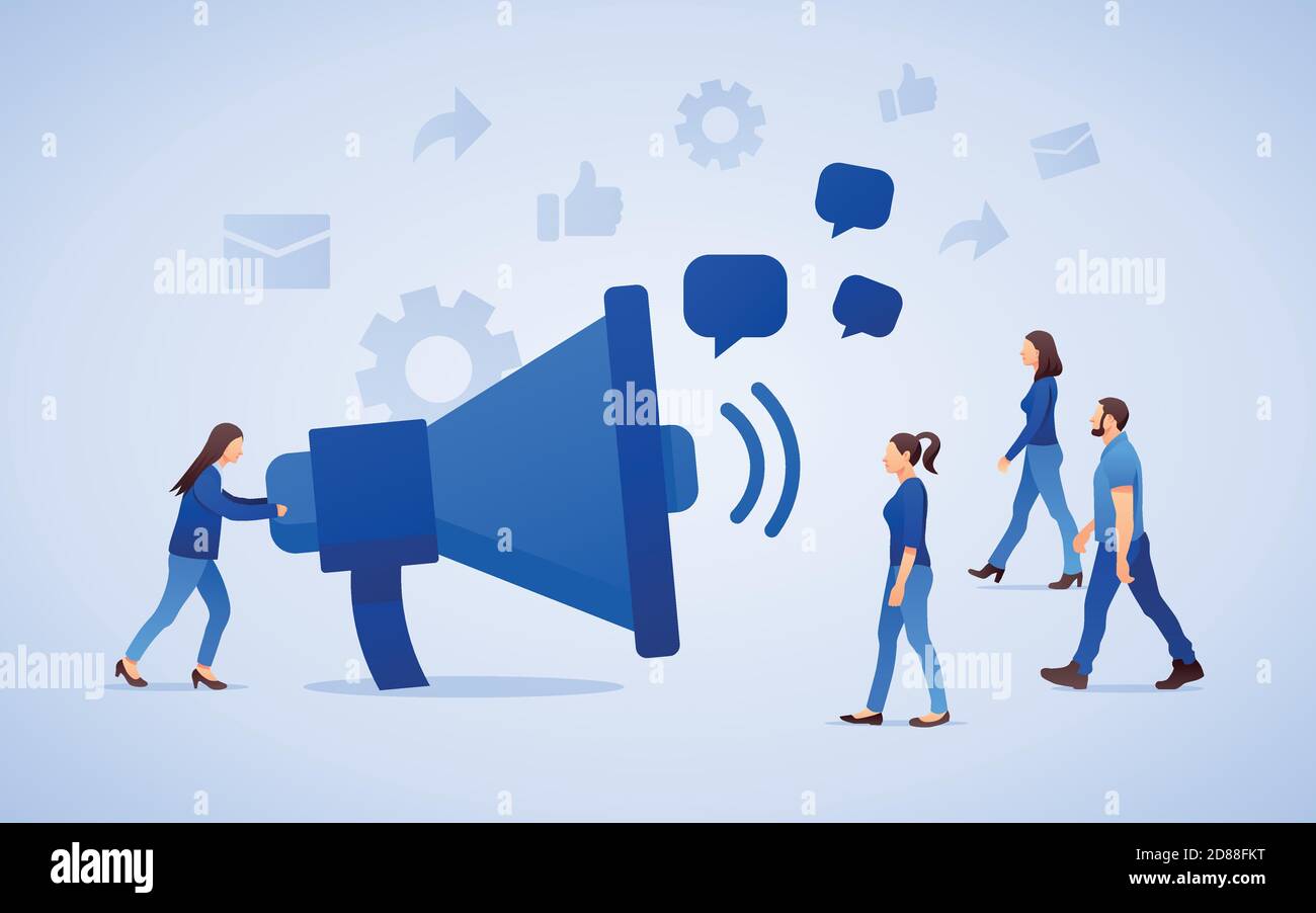 Relazioni pubbliche e background di marketing con simboli e persone. Concetto di marketing sui social media. Design piatto con gradiente. Vettore moderno. Illustrazione Vettoriale