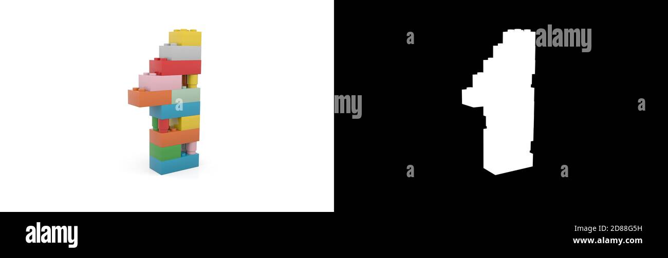 Giocattolo colorato in plastica numero uno (numero 1) da mattoni di costruzione con canale alfa e ombra su sfondo bianco. Illustrazione 3D Foto Stock