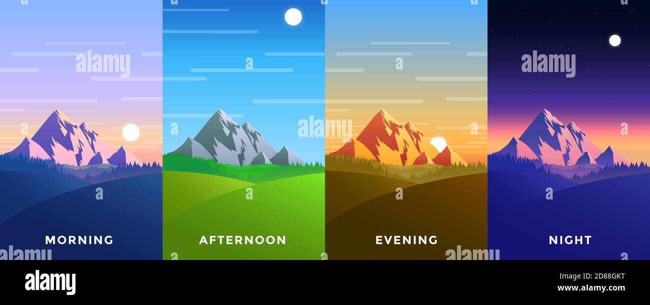 Insieme di quattro sfondi vettoriali di ore del giorno. Splendido paesaggio montano con cielo colorato. Sfondo in stile cartoon piano - cartone poligonale Illustrazione Vettoriale
