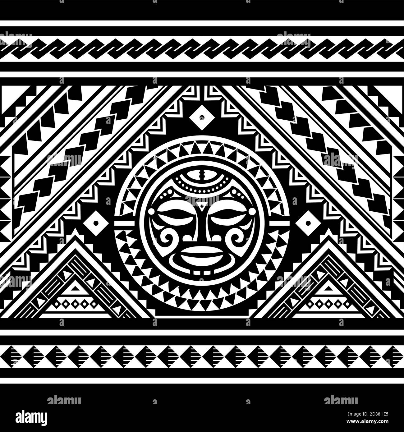 Modello vettoriale geometrico senza giunture polinesiane con disegno del tatuaggio del mandala della faccia Maori, ornamento tribale hawaiano in bianco su sfondo nero Illustrazione Vettoriale