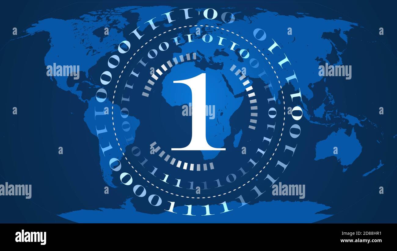 Sfondo digitale astratto del computer - cerchi di codice binario con Cifra 1 al centro - mappa del mondo blu BG - tecnologia di rete o cyber-internet Foto Stock