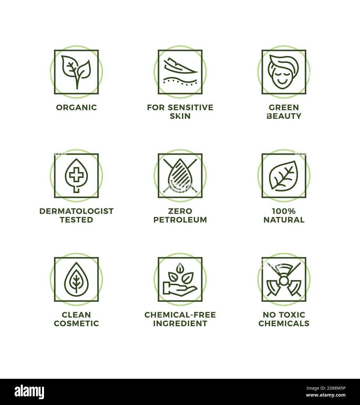 Insieme vettoriale di elementi di design, modello di logo, icone e badge per cosmetici naturali e organici. Set di icone di linea, tratto modificabile. Illustrazione Vettoriale
