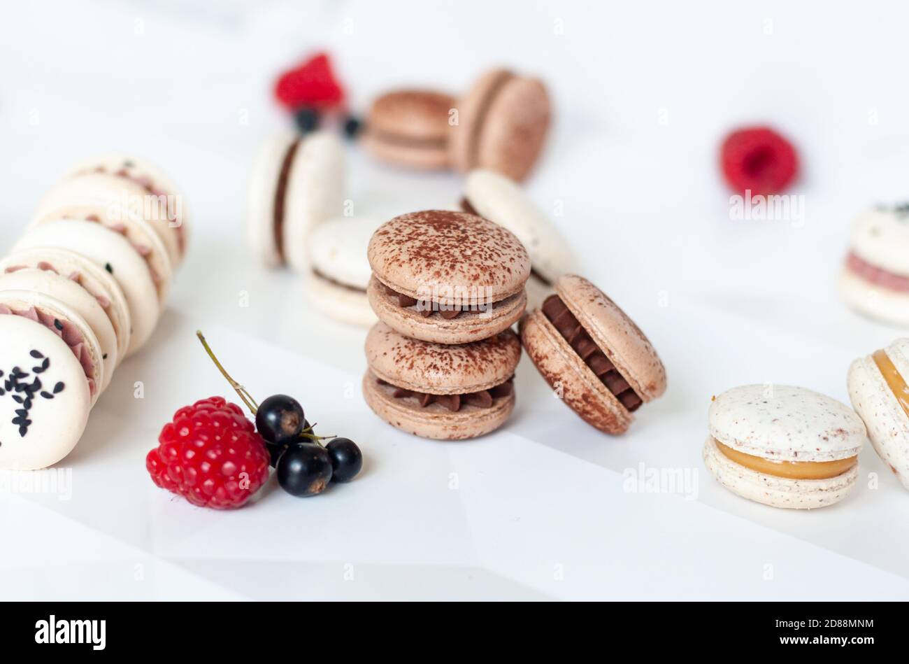 Macaron e bacche su tavola bianca Foto Stock