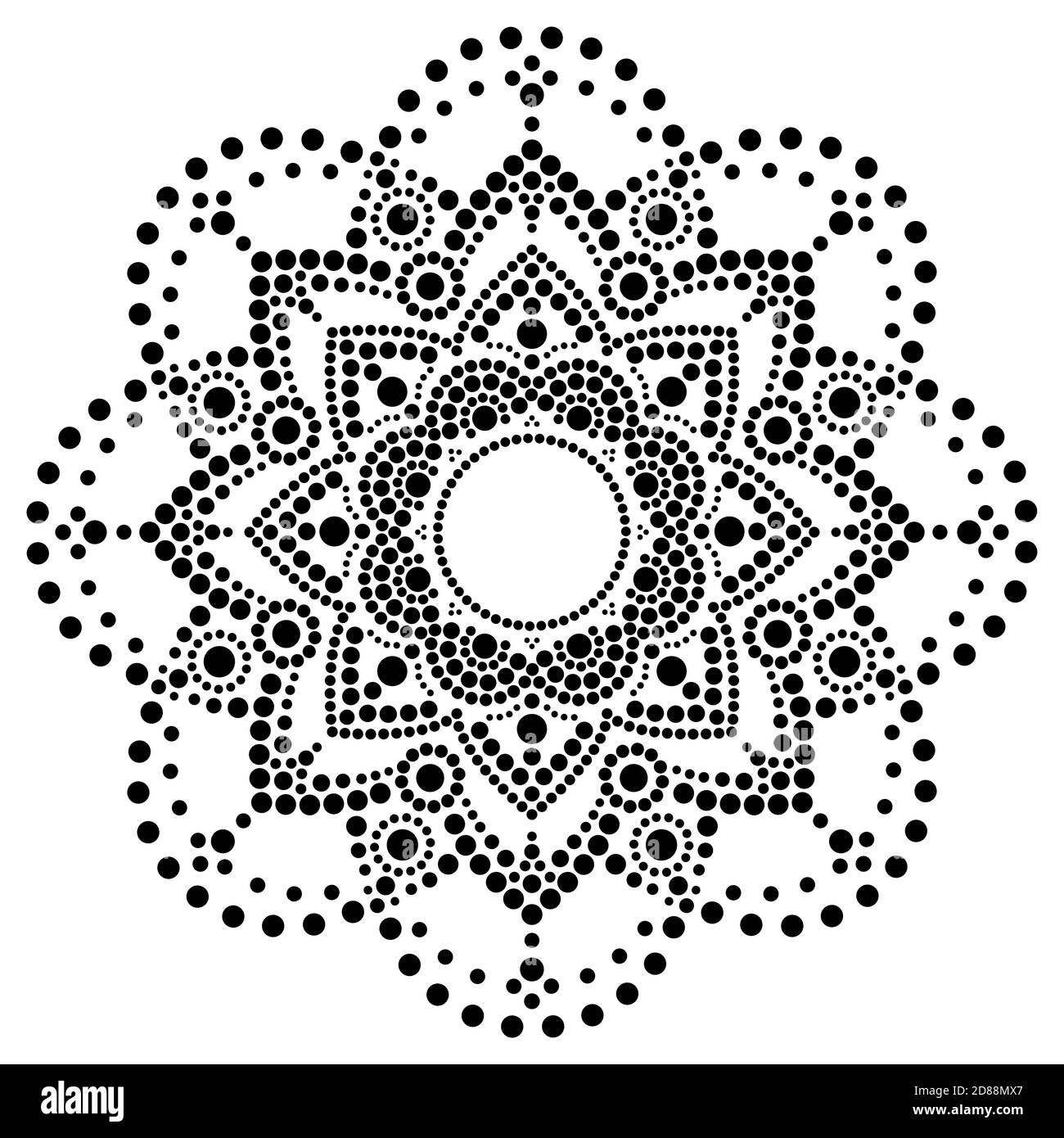 DOT art vettore etnico mandala, tradizionale Aboriginal dot painting design, decorazione indigena australiana in bianco su sfondo nero Illustrazione Vettoriale