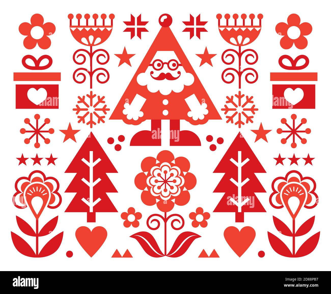 Natale Babbo Natale vettore biglietto di auguri design, scandinavo folk art stile sfondo festoso in rosso su bianco Illustrazione Vettoriale