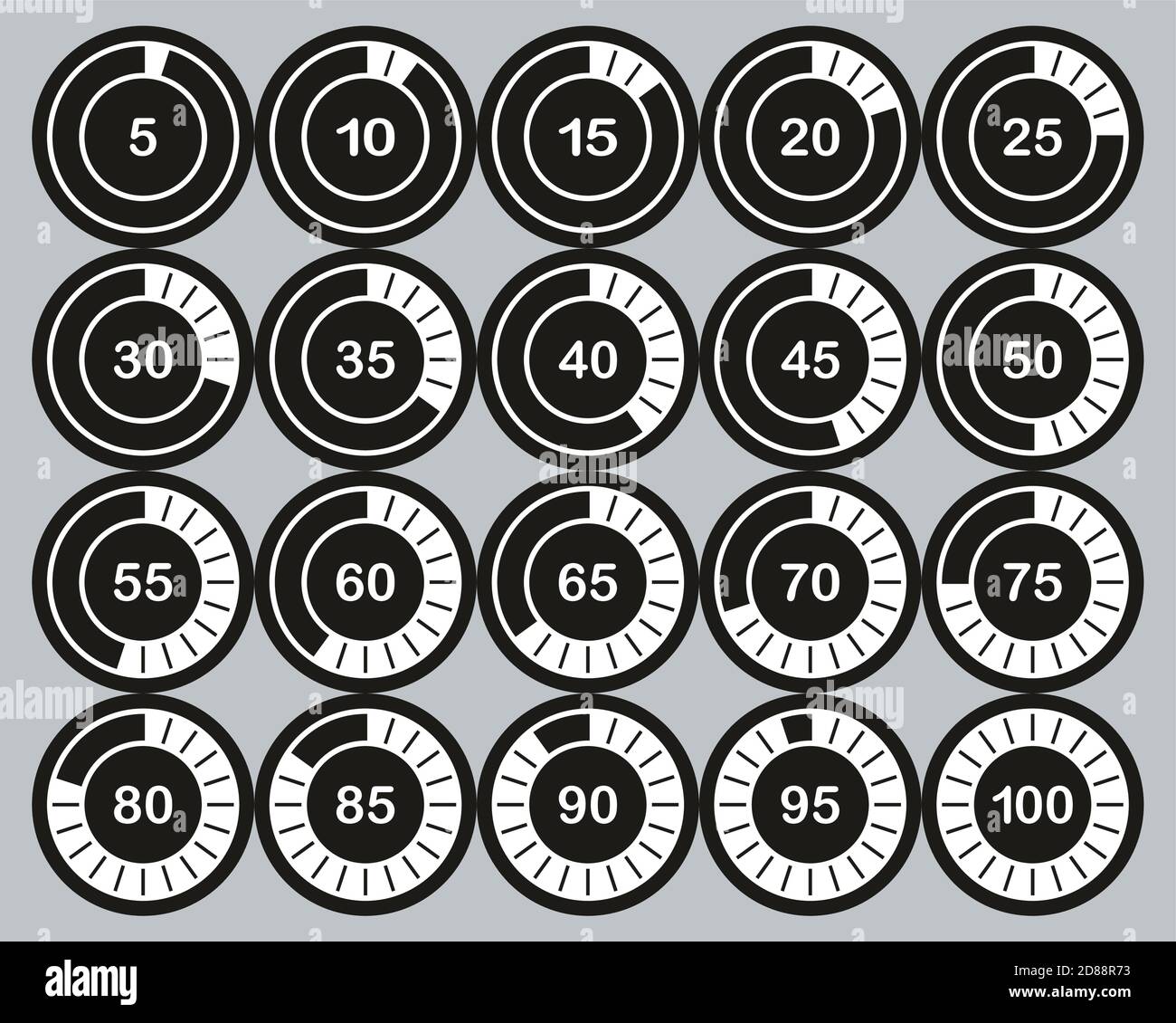 Caricamento o percentuale icone Bianco su set adesivi neri 02 Grande Illustrazione Vettoriale