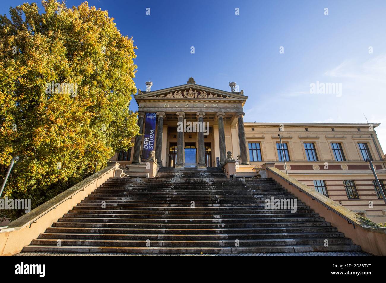 28 ottobre 2020, Meclemburgo-Pomerania occidentale, Schwerin: La scala vuota per l'ingresso principale del Museo di Stato di Schwerin. A causa della crisi di Corona, il governo federale vuole vietare gli eventi di intrattenimento in tutta la Germania per quasi tutto il mese di novembre. Teatri, opere o sale da concerto saranno chiusi dal 04.11.2020 fino alla fine del mese, secondo il progetto di risoluzione del governo federale per la video conferenza del Cancelliere Merkel (CDU) con i Presidenti del Ministro. Foto: Jens Büttner/dpa-Zentralbild/dpa Foto Stock