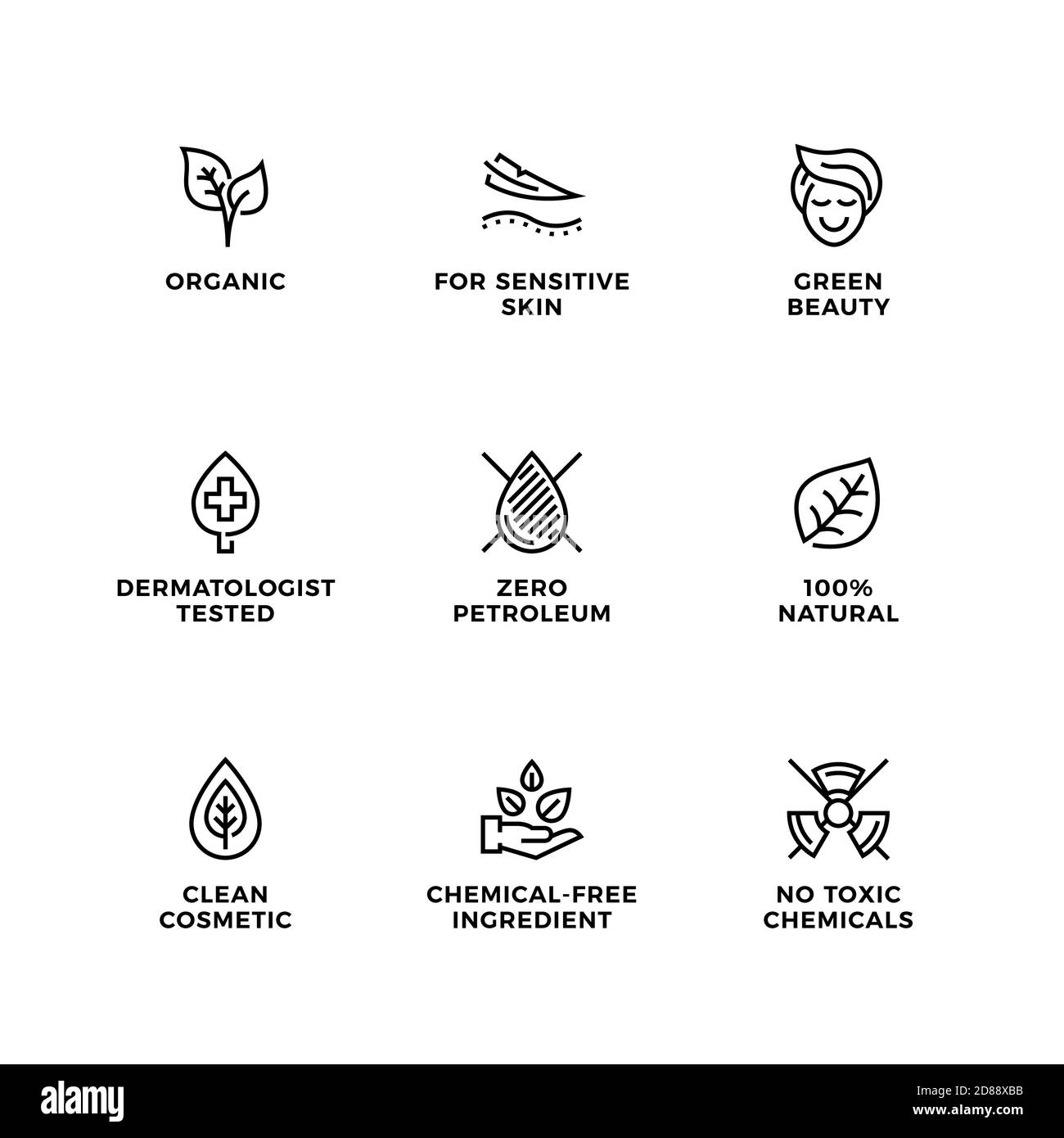 Insieme vettoriale di elementi di design, modello di logo, icone e badge per cosmetici naturali e organici. Set di icone di linea, tratto modificabile. Illustrazione Vettoriale