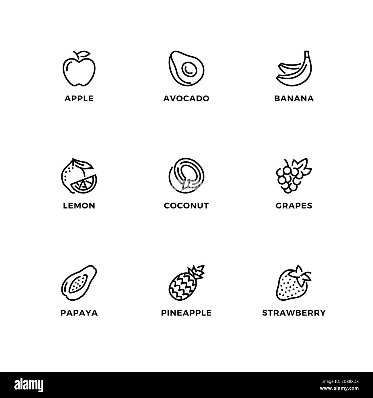 Insieme vettoriale di elementi di disegno, modello di disegno del logo, icone e distintivi per fruttis sano. Set di icone di linea, tratto modificabile. Illustrazione Vettoriale