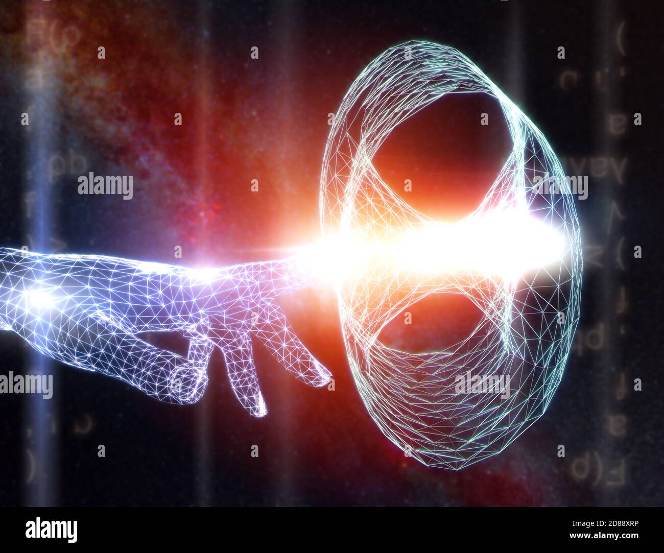 Immagine che illustra il concetto di attraversare la barriera spazio-tempo e l'idea di teletrasporto nel tempo e nello spazio. Tecnica di supporti misti. Foto Stock