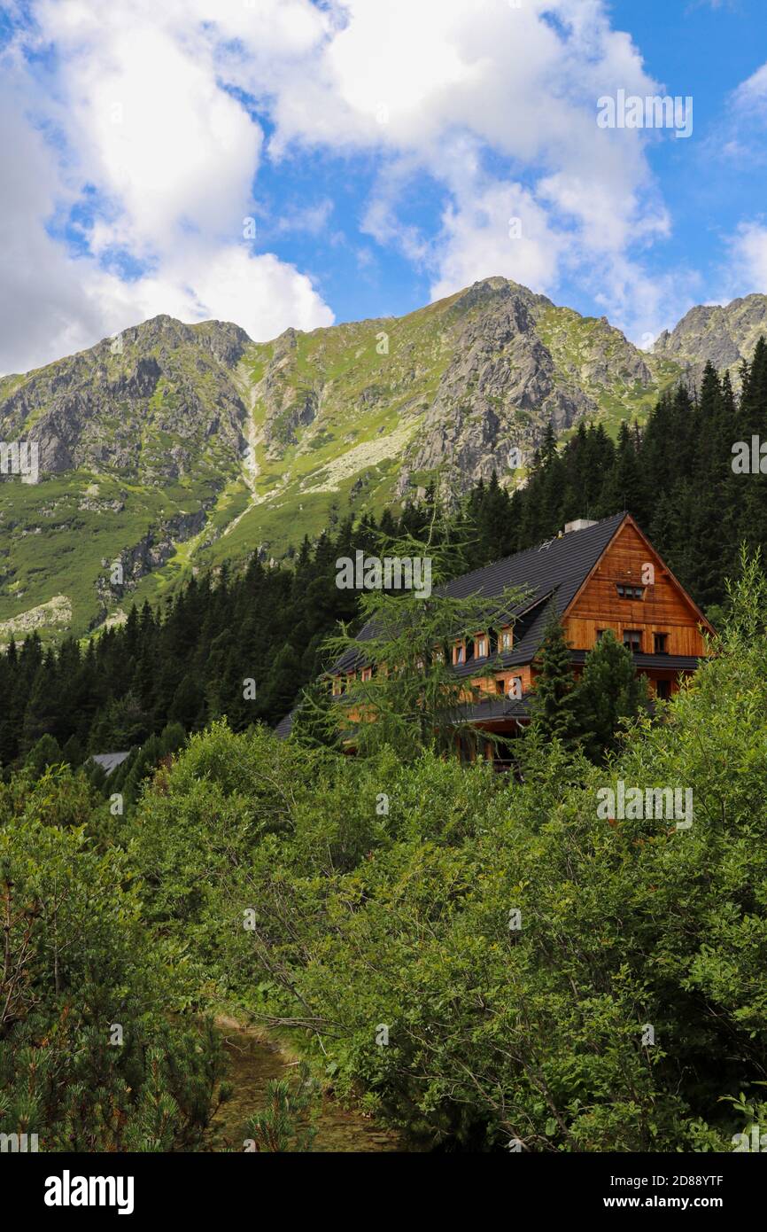 Vista delle cime di montagna in estate in alta Tatra con cielo nuvoloso. Poprad tarn, Slovacchia. Foto Stock
