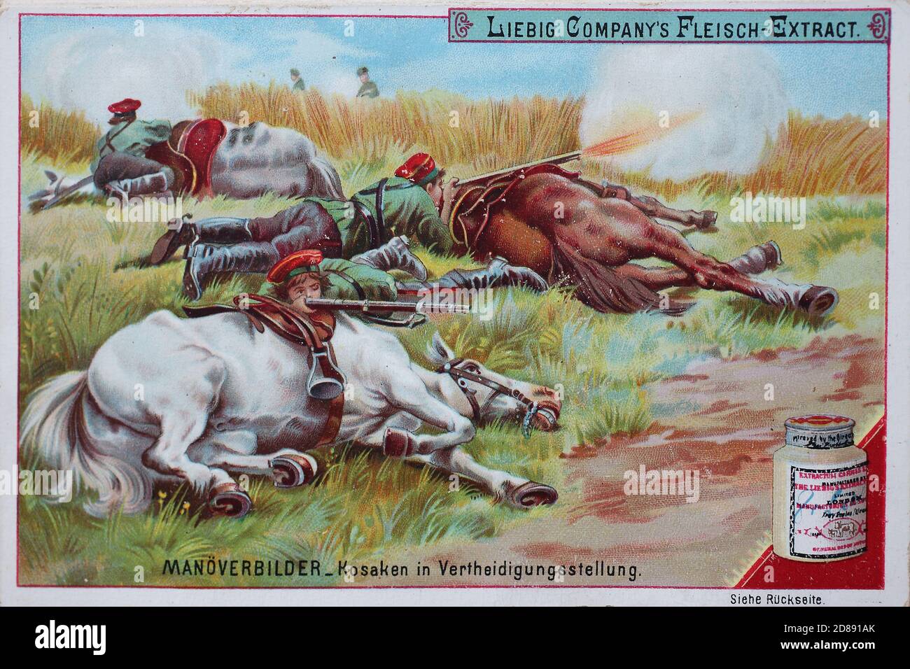 Bilderserie Manöverbilder, Kosaken in Verteidigungsstellung / immagini di manovra della serie di immagini, cosacchi in posizione difensiva, Liebigbild, riproduzione digitale migliorata di un'immagine da collezione della società Liebigd, stimato dal 1900, pd / verbesserte digitale Reproduktion eines Sammelbildes von ca 1900, gemeinfrei, Foto Stock