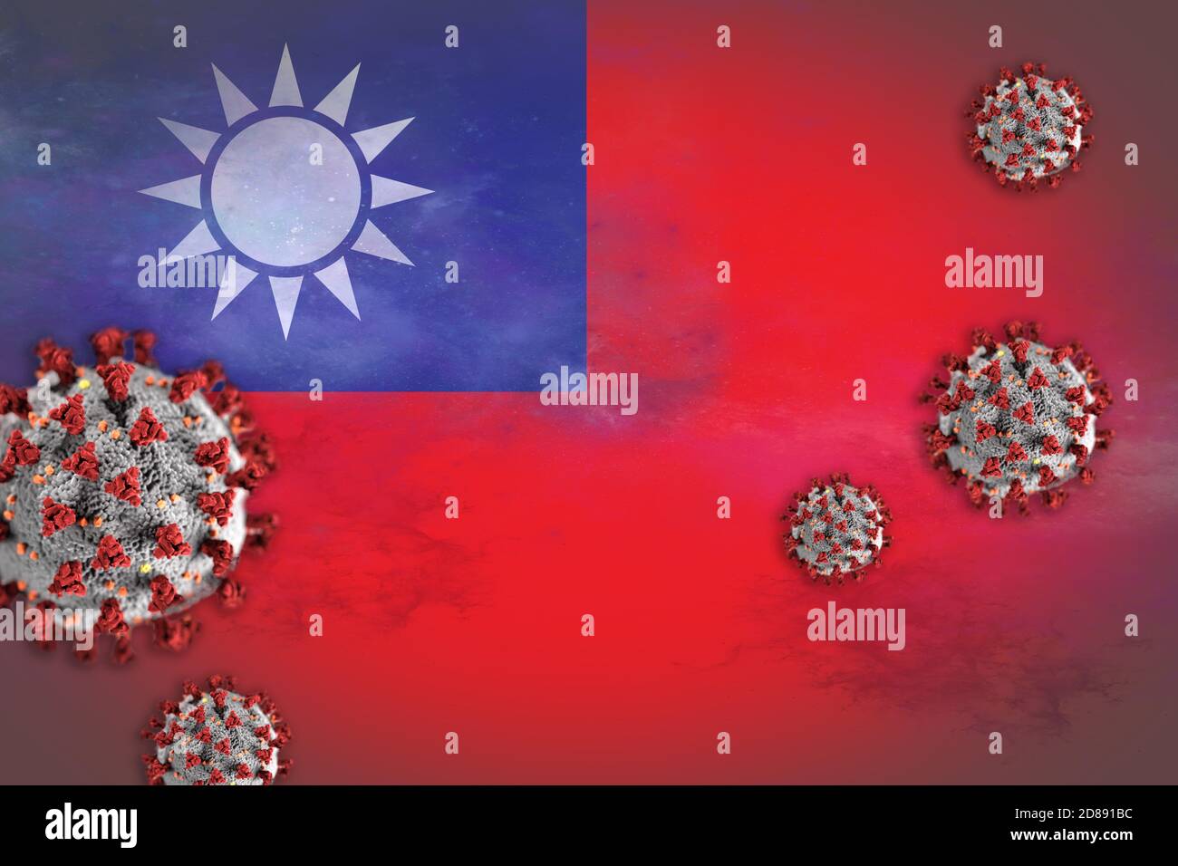 Illustrazione concettuale del Coronavirus o delle particelle di Covid-19 che oscillavano la bandiera di Taiwan simboleggiando l'epidemia. Foto Stock