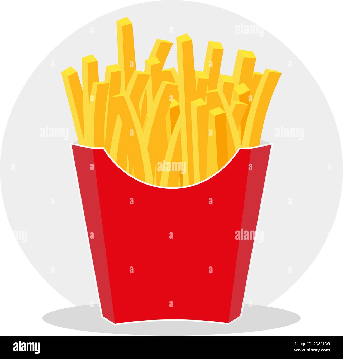 Illustrazione vettoriale di French Fries in una confezione di cartone da togliere rossa, isolata su sfondo giallo Illustrazione Vettoriale