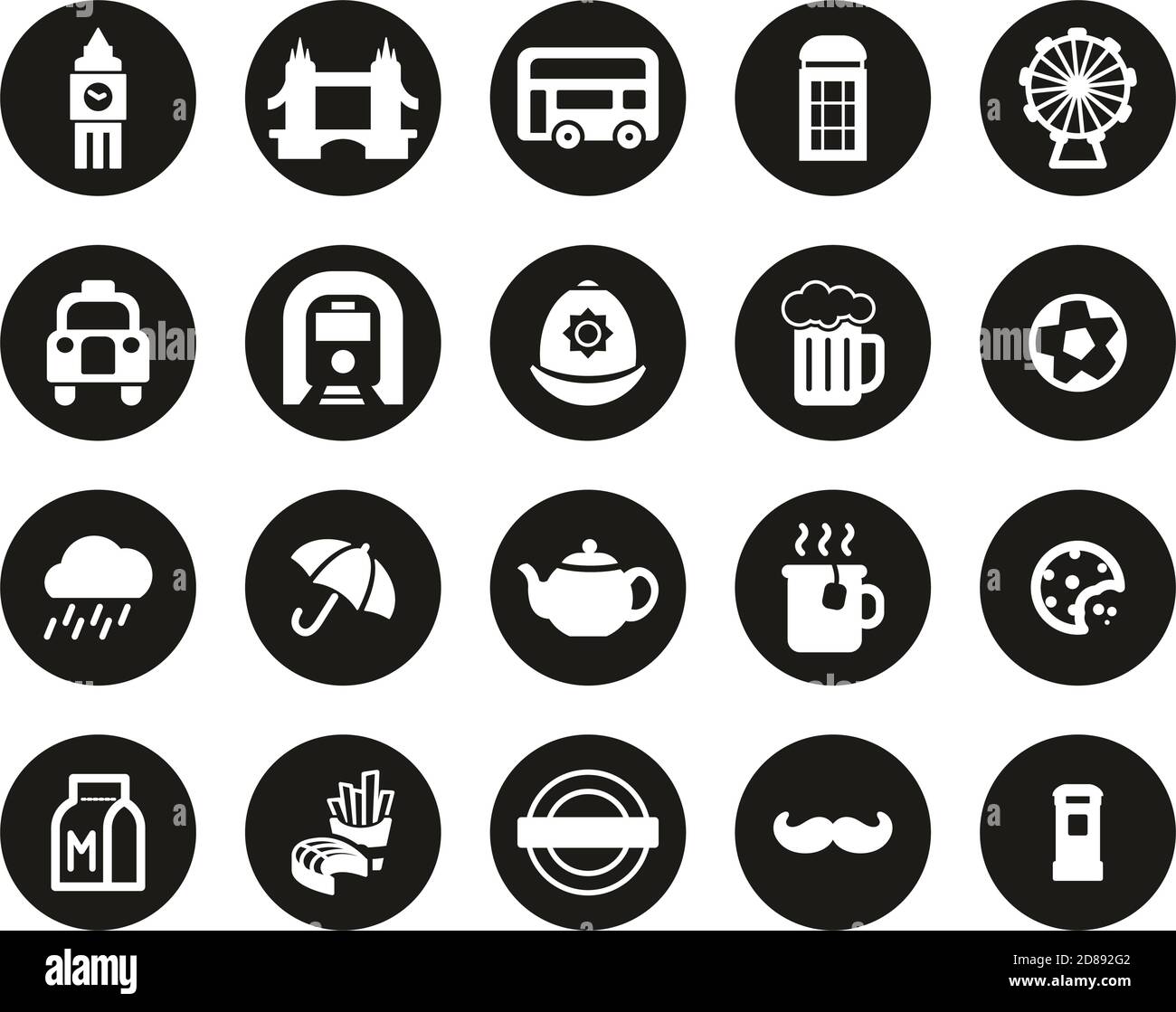 Icone della città e della cultura di Londra bianche su Black Flat Design Cerchio Set Grande Illustrazione Vettoriale