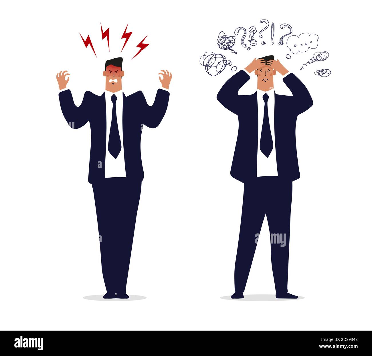 Uomo d'affari arrabbiato, un uomo in un vestito e cravatta è sconvolto o furioso. Concetto di lavoratore burnout ufficio, problemi sul lavoro. Un uomo d'affari con mal di testa, un uomo in stress dal lavoro e problemi. Immagine vettoriale piatta isolata su sfondo bianco Illustrazione Vettoriale